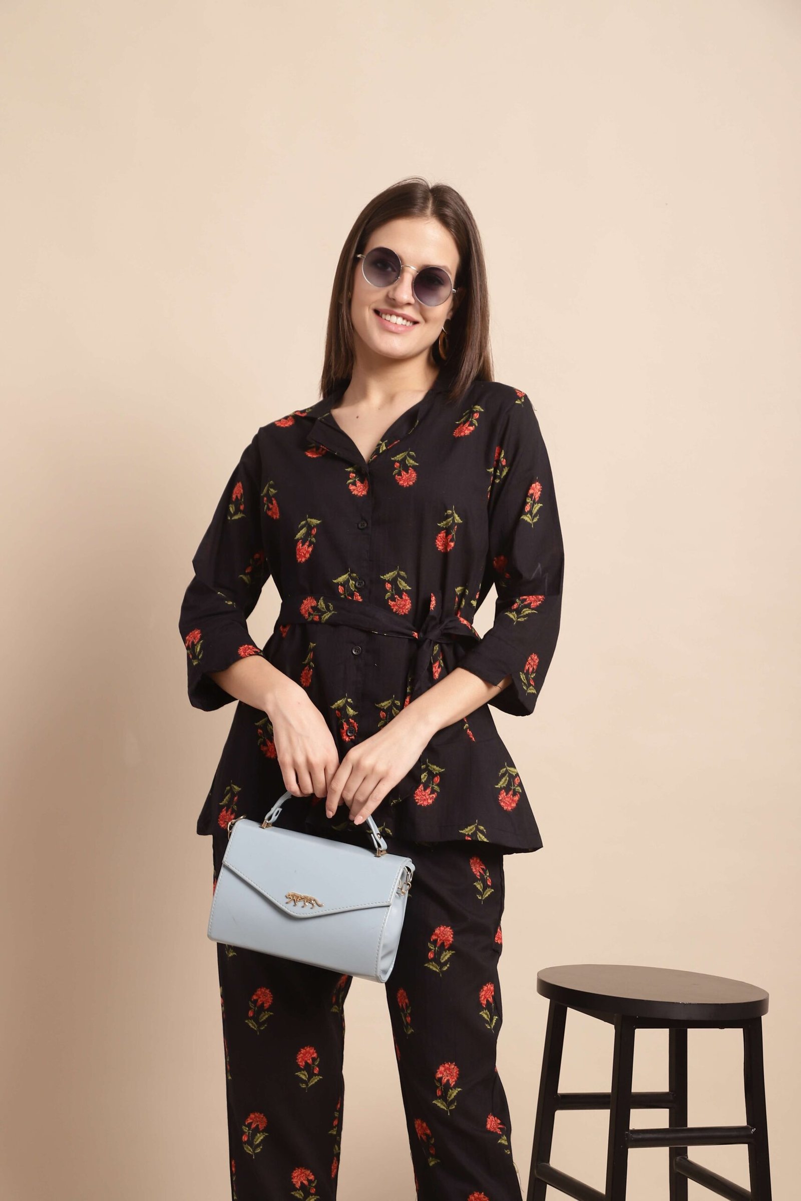 Women's Pure Cotton Printed Collared Top and Pant Co-ord Set (Black Rd) - Image 8