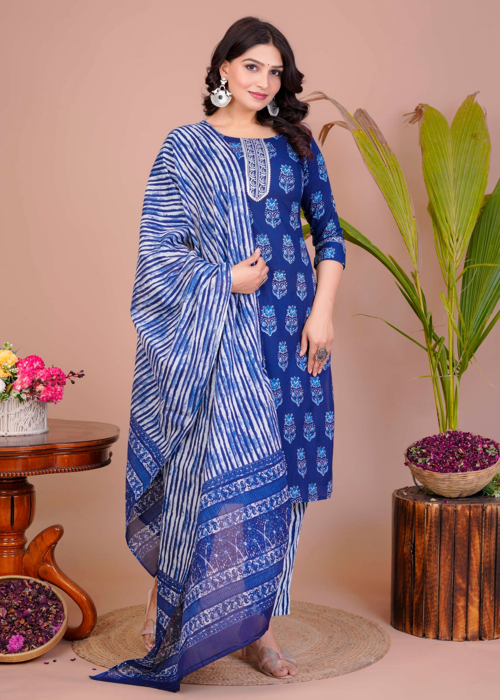 Women's Blue Cotton Printed Straight Kurti with Pant & Dupatta Set - Image 4