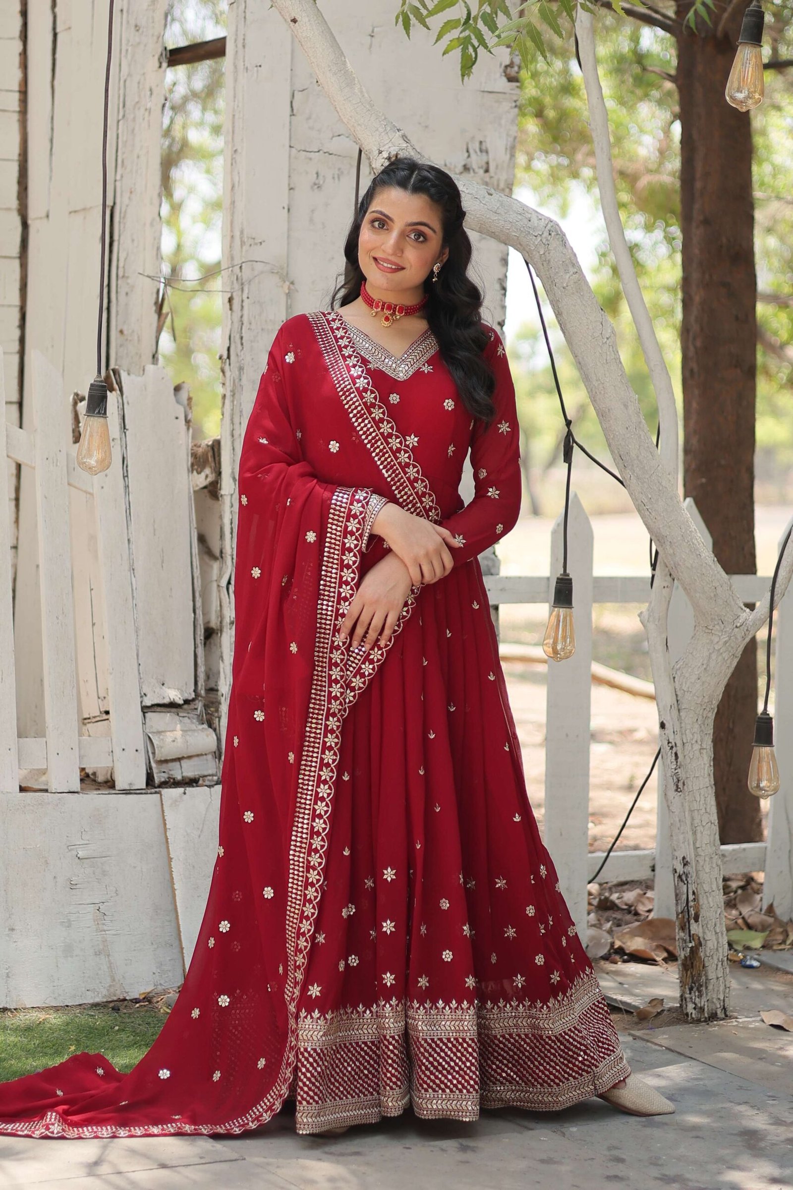 Maroon Designer Faux Blooming Anarkali Gown with Sequins Embroidered Dupatta ? Wedding & Festive Wear - Image 6