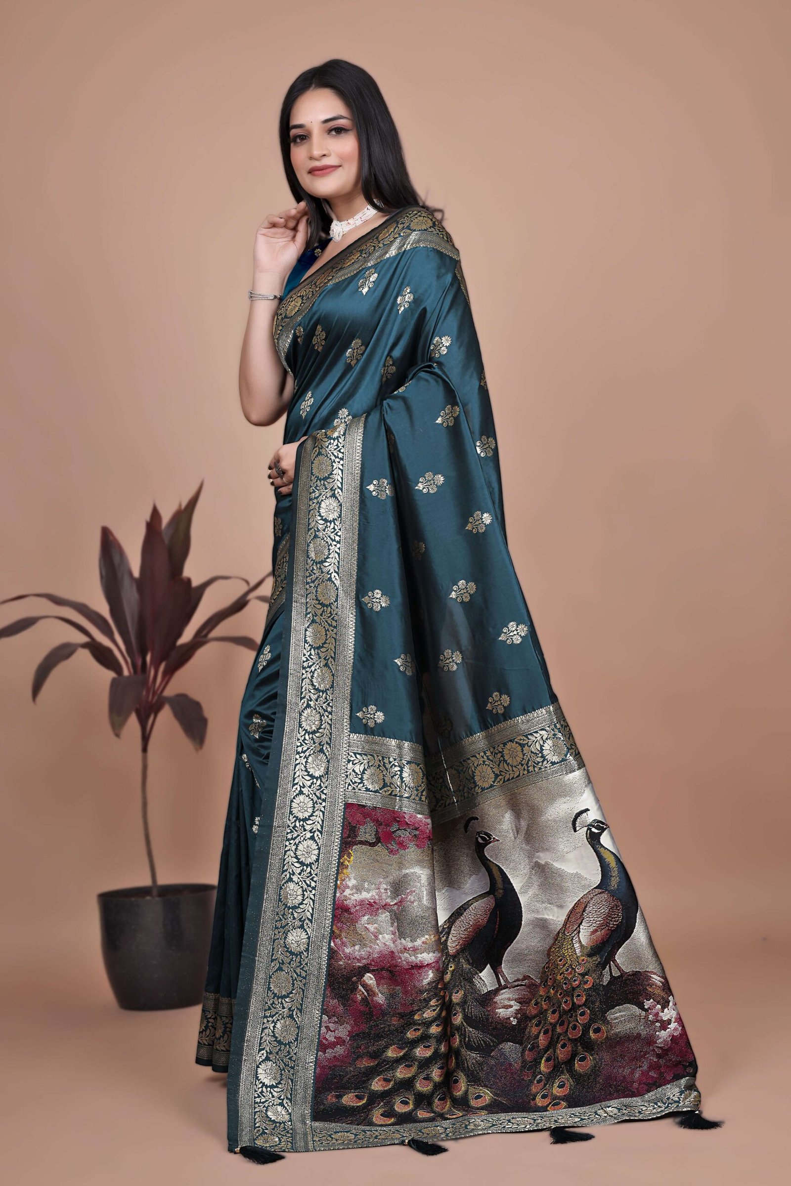 Teal Banarasi Silk Saree with Golden Zari & Peacock Pallu | Wedding, Festive & Traditional Wear - Image 4