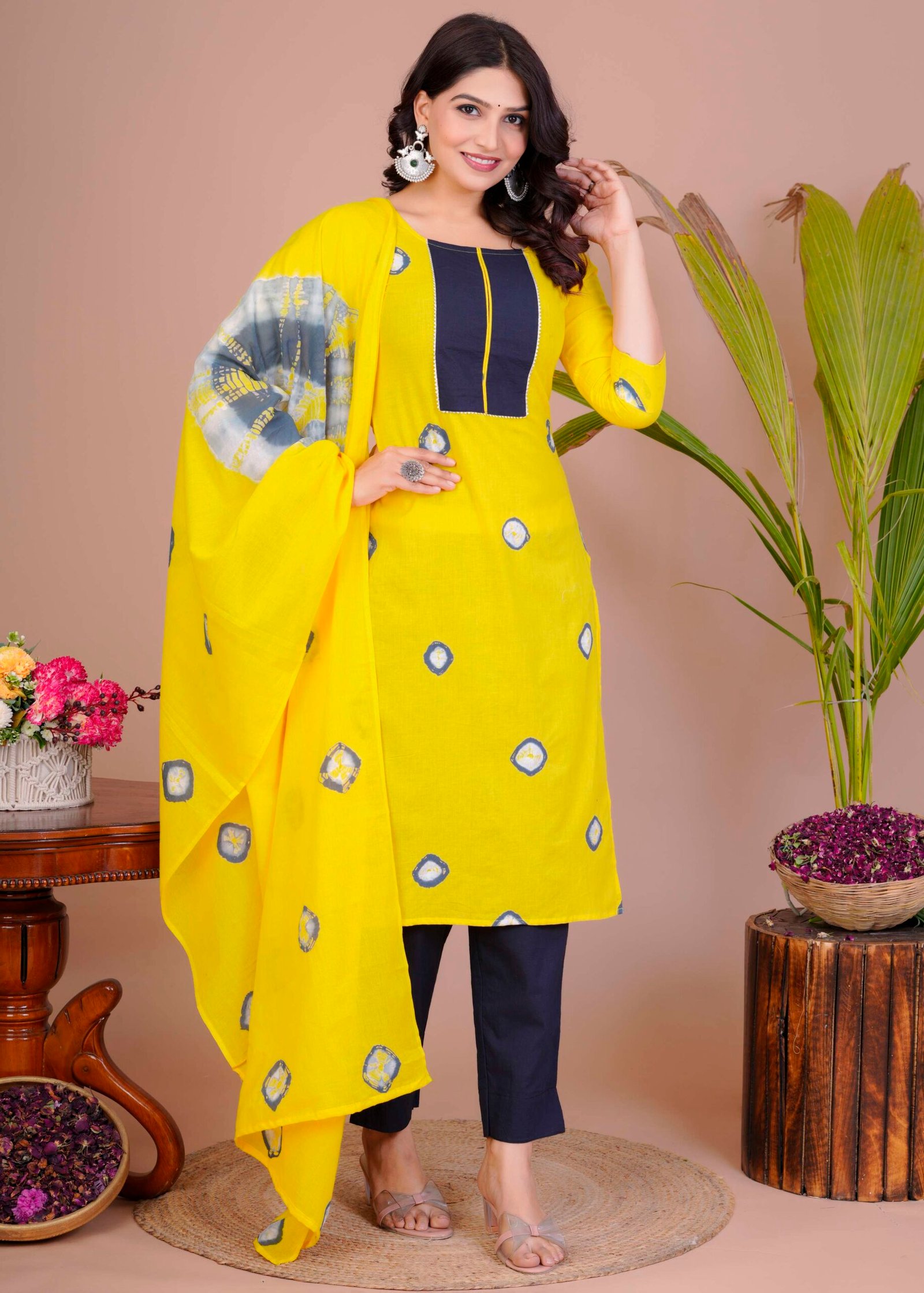 Women's Yellow & Navy Cotton Tie-Dye Straight Kurti with Pant & Dupatta Set - Image 3
