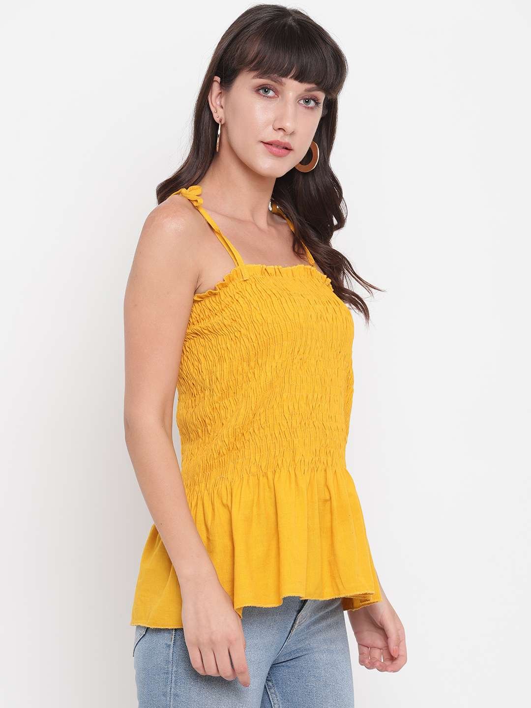 Women's Rayon Solid Casual Summer Style Tie Shoulder Straps Free Size Tank Top (Musterd) - Image 2