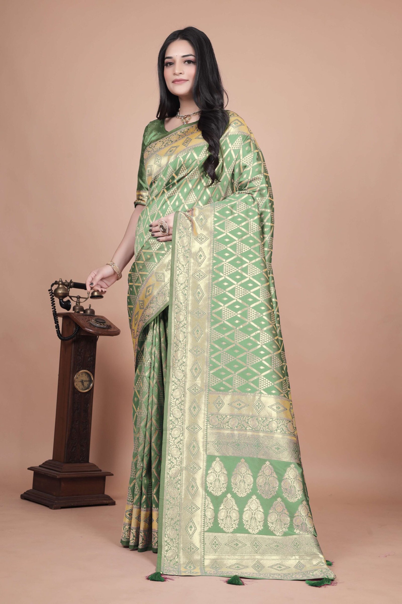 Emerald Green Banarasi Silk Saree with Silver Zari | Geometric & Floral Design | Wedding, Festive & Traditional Wear - Image 3