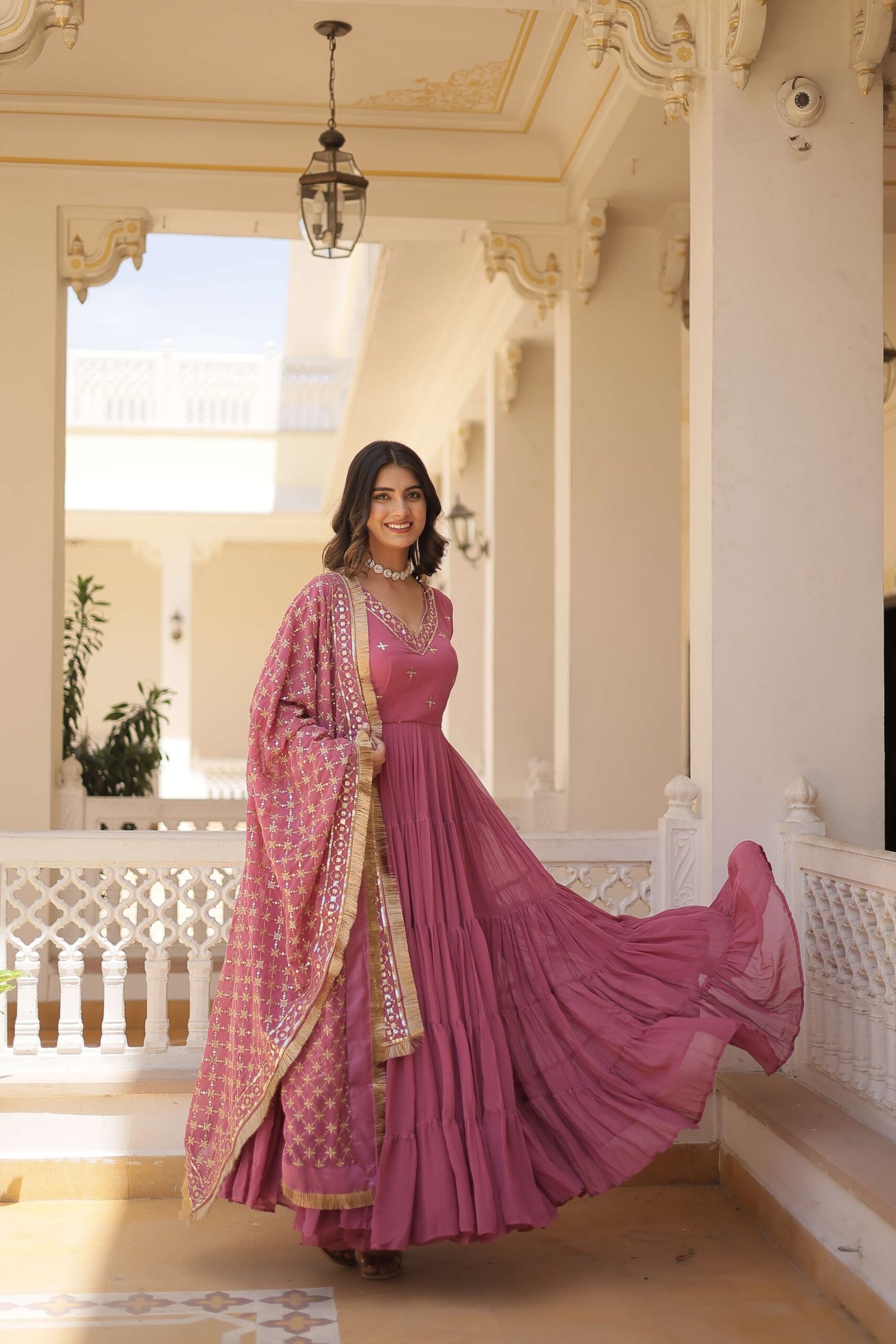 Onion Designer Faux Georgette Gown with Sequined Dupatta ? Elegant Festive & Party Wear Set - Image 2