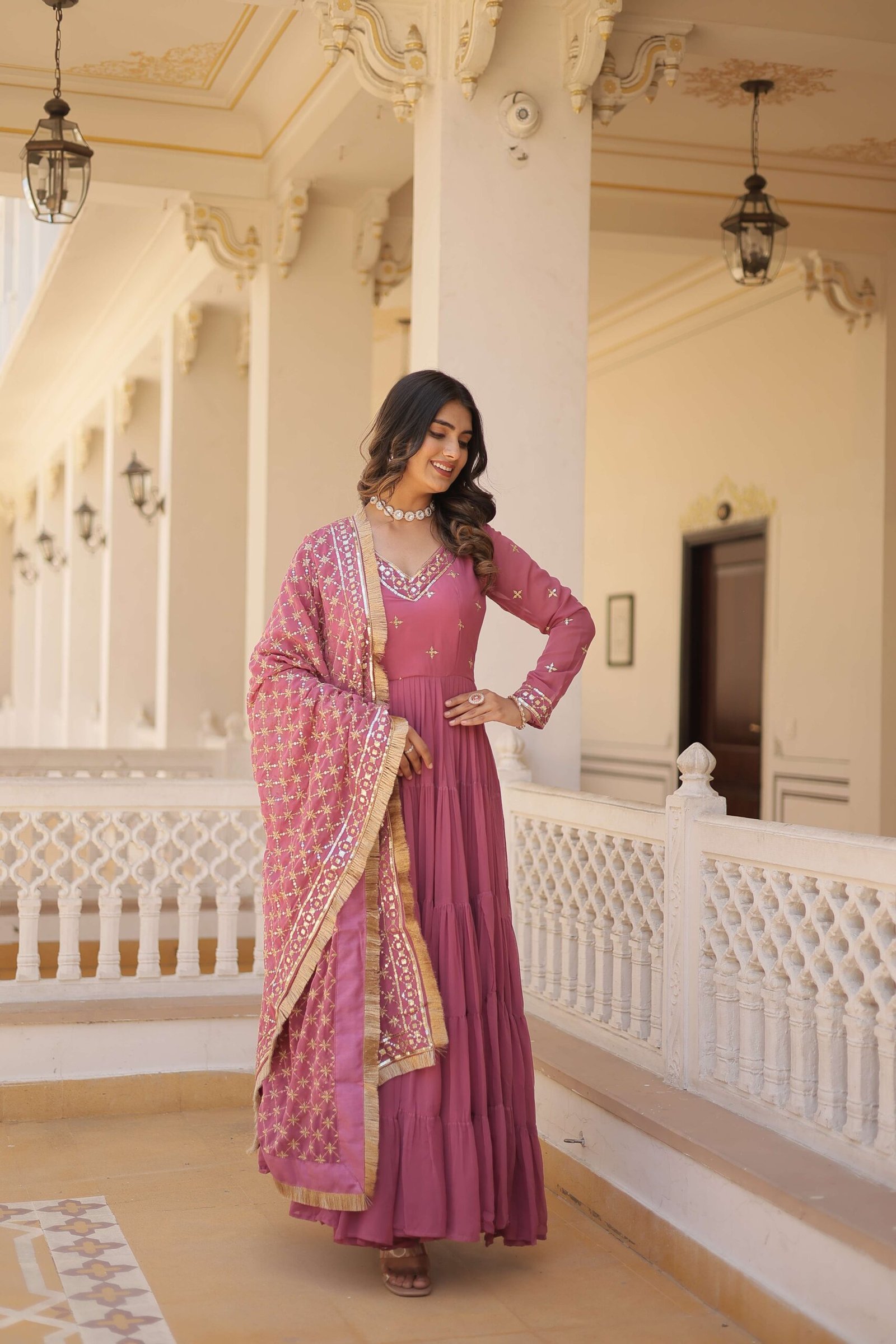 Onion Designer Faux Georgette Gown with Sequined Dupatta ? Elegant Festive & Party Wear Set - Image 7