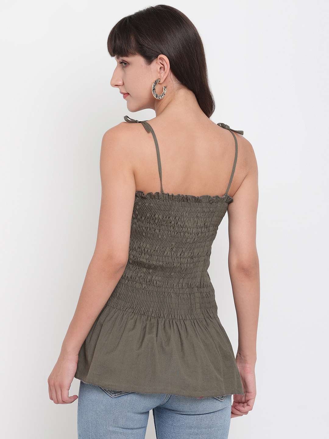 Women's Rayon Solid Casual Summer Style Tie Shoulder Straps Free Size Tank Top (Mahndi) - Image 2
