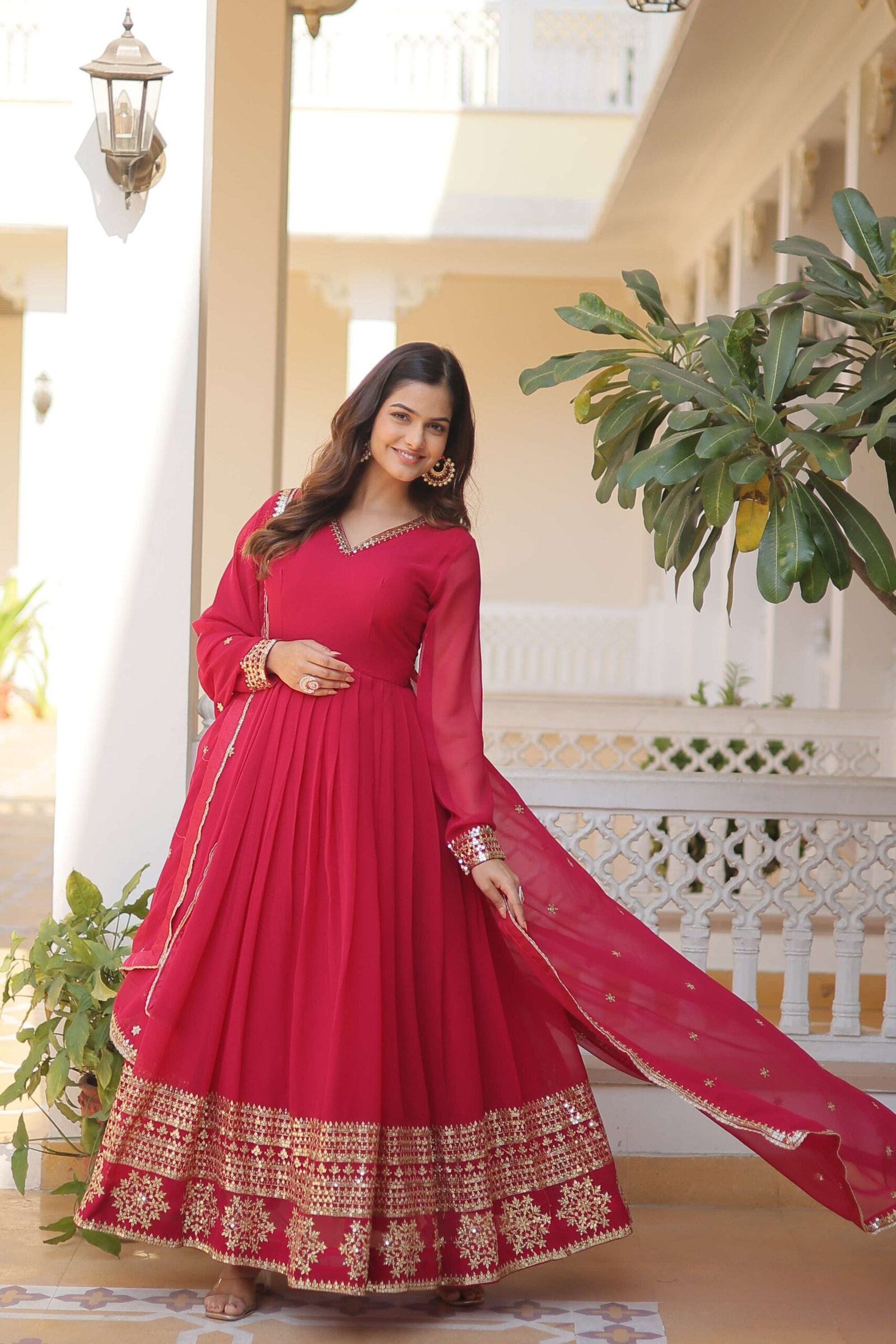 Pink Faux Blooming Gown with Sequined Dupatta ? Elegant Fully Flared Party & Wedding Set - Image 3