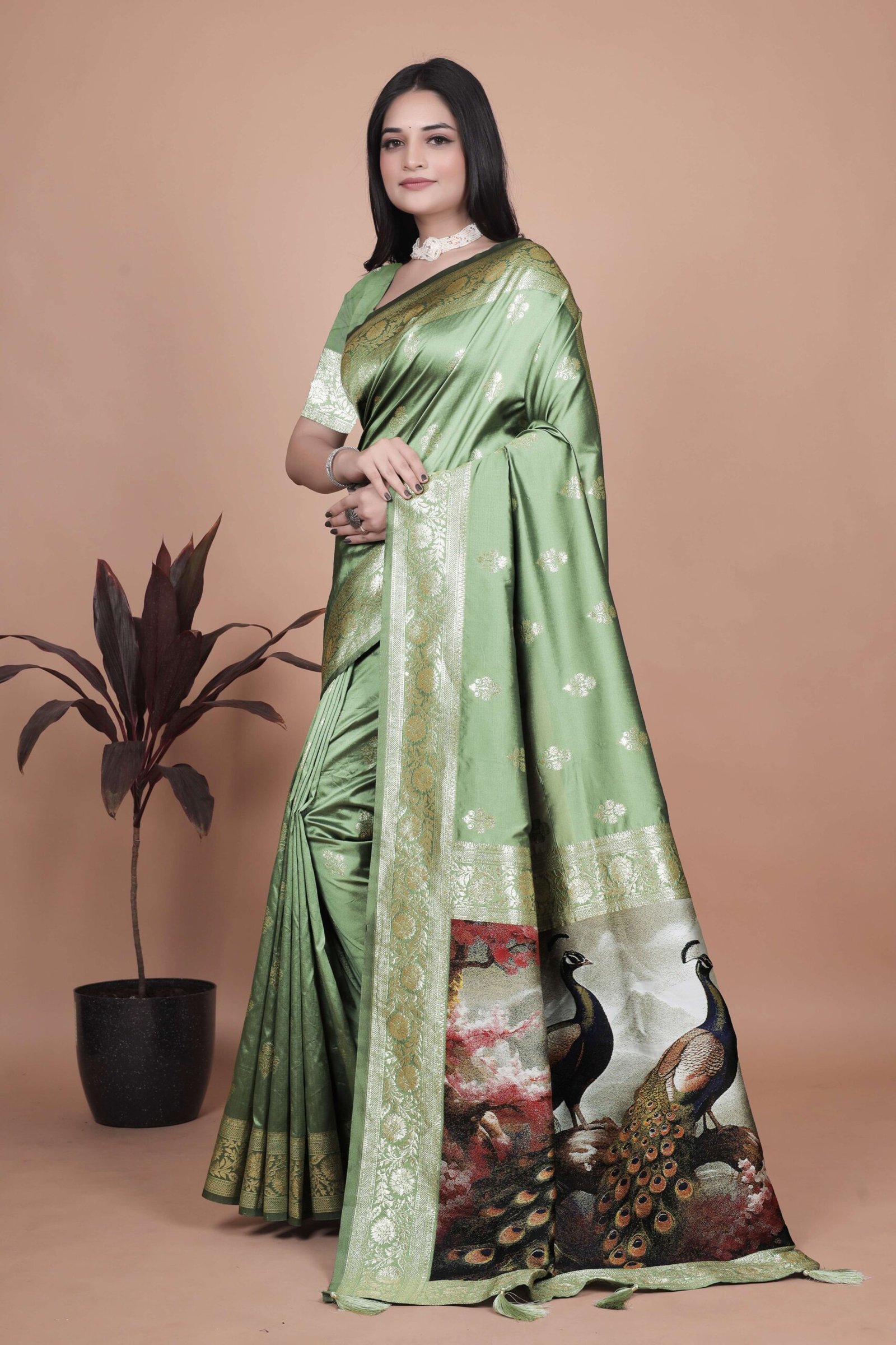 Elegant Sage Green Banarasi Silk Saree with Golden Zari Motifs & Peacock Pallu | Wedding, Festive & Traditional Wear - Image 2