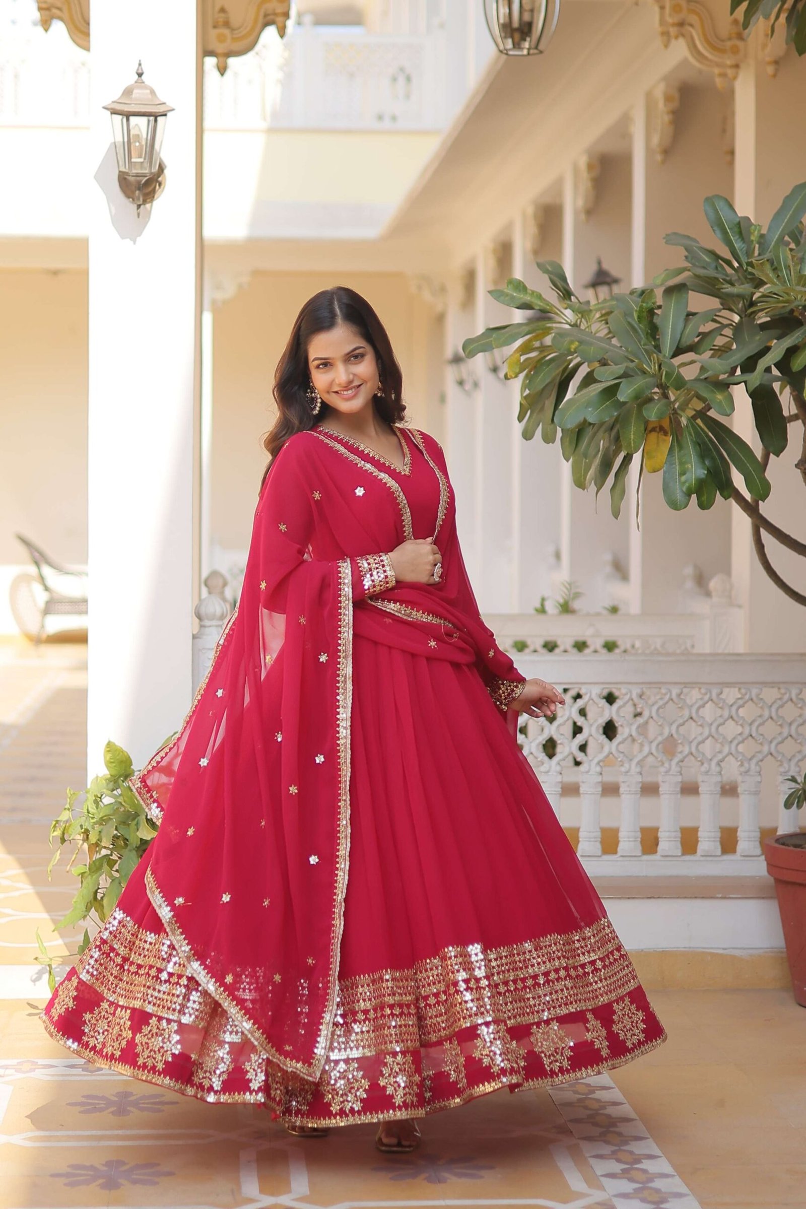 Pink Faux Blooming Gown with Sequined Dupatta ? Elegant Fully Flared Party & Wedding Set - Image 5