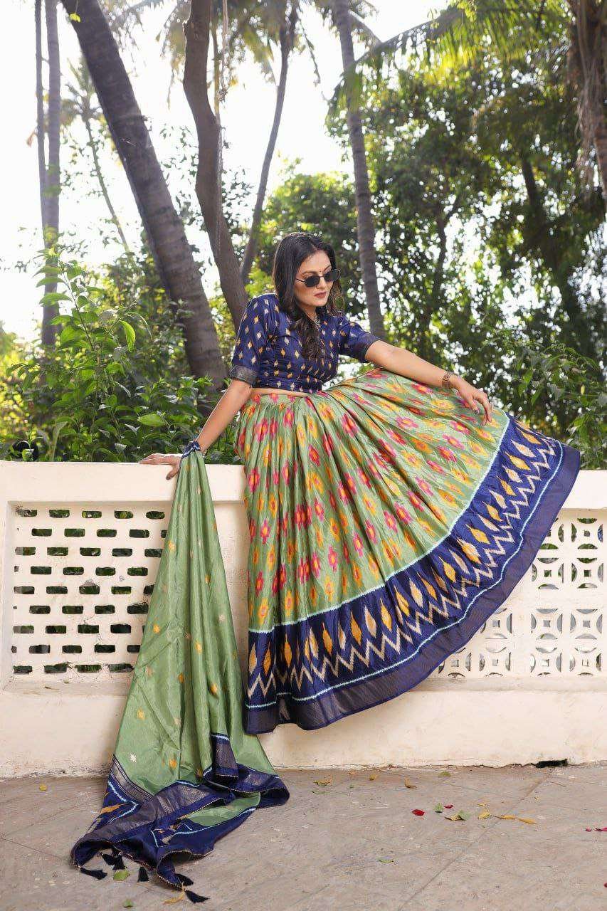 Olive Green Dola Silk Lehenga Choli with Blue Blouse | Patola Print & Foil Work | Wedding & Festive Wear - Image 2
