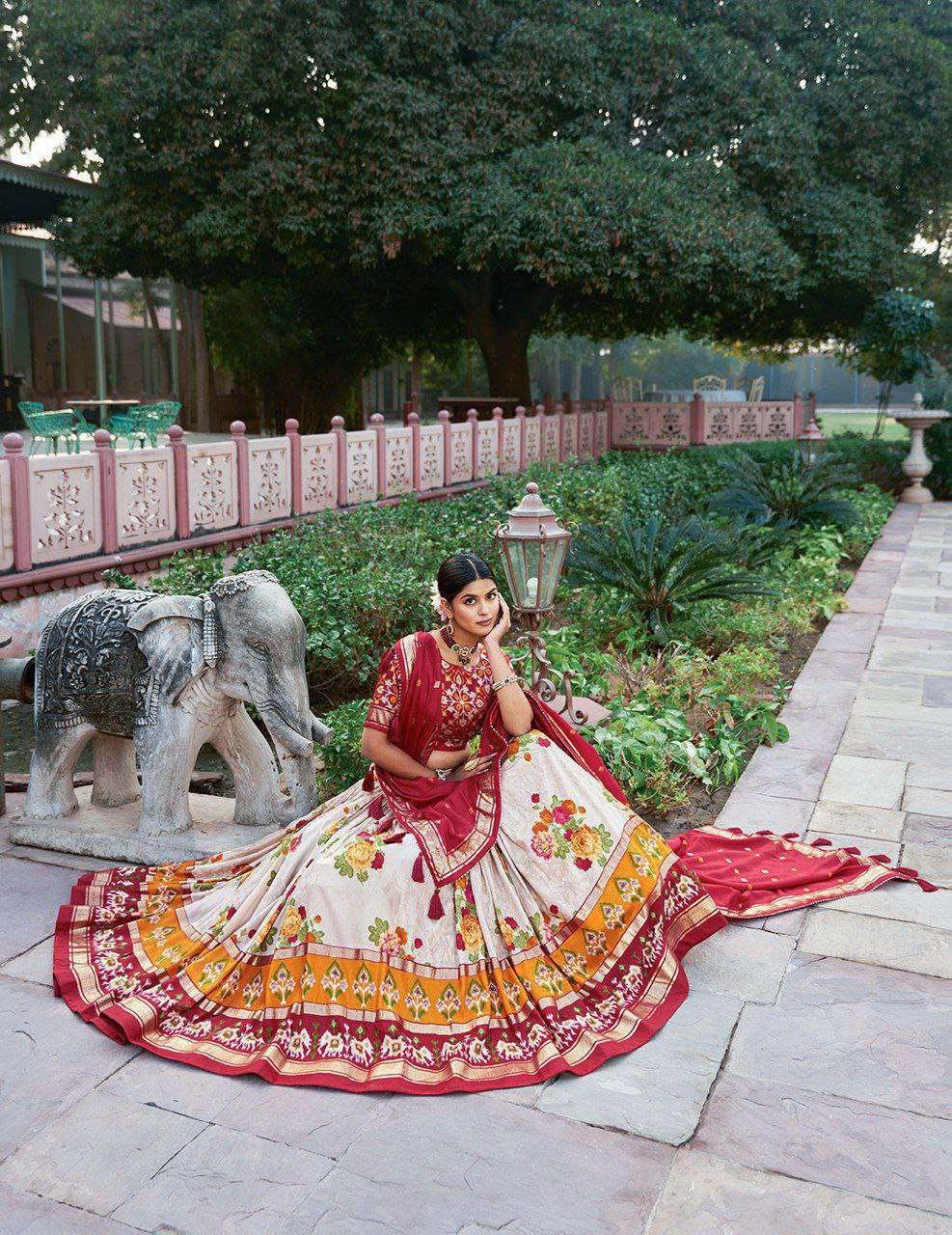 White Tussar Silk Lehenga Choli with Red Blouse | Patola Print & Foil Work | Wedding & Festive Wear - Image 3