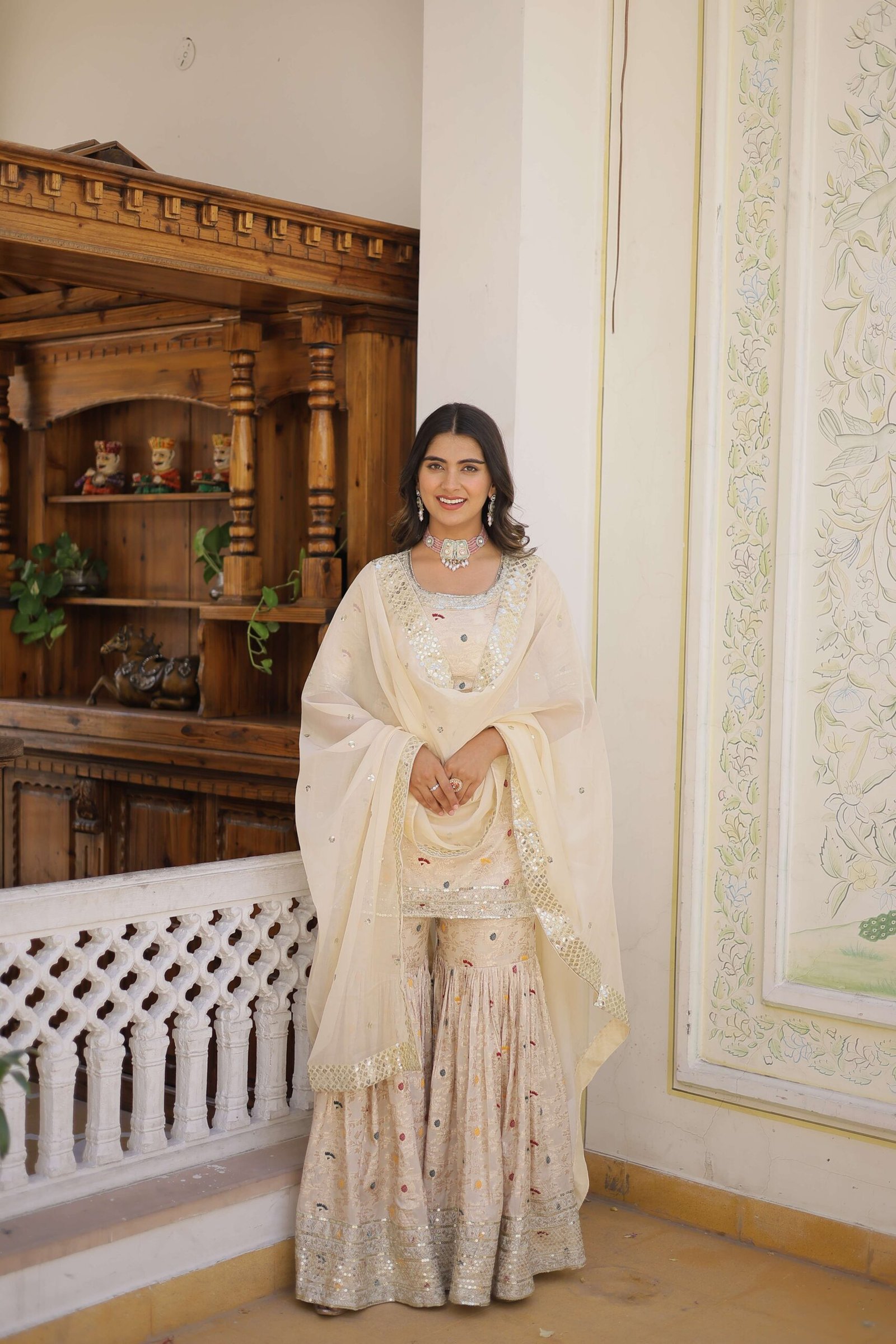 White Faux Blooming Sequins Embroidered Sharara Set with Matching Dupatta ? Festive & Party Wear 2024 - Image 5