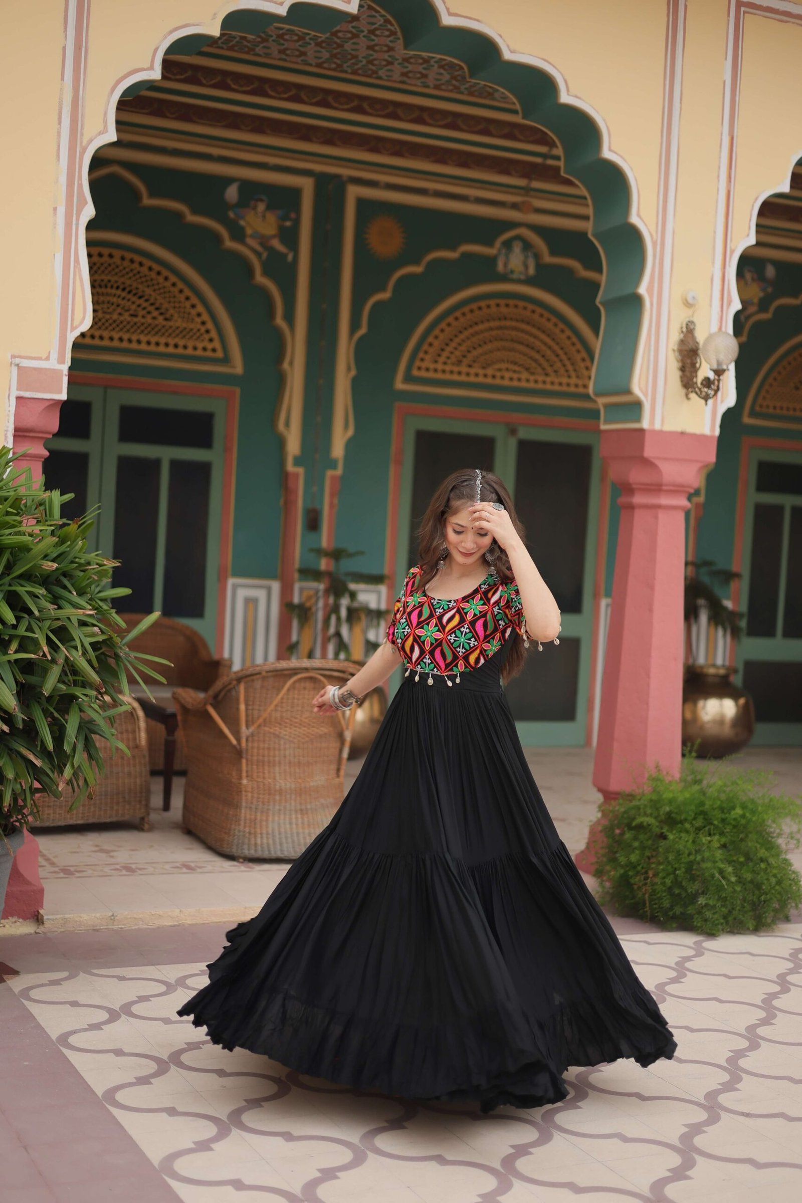 Black Elegant Kutchi Gamthi Work Reyon Gown with Heavy Flair - Image 8