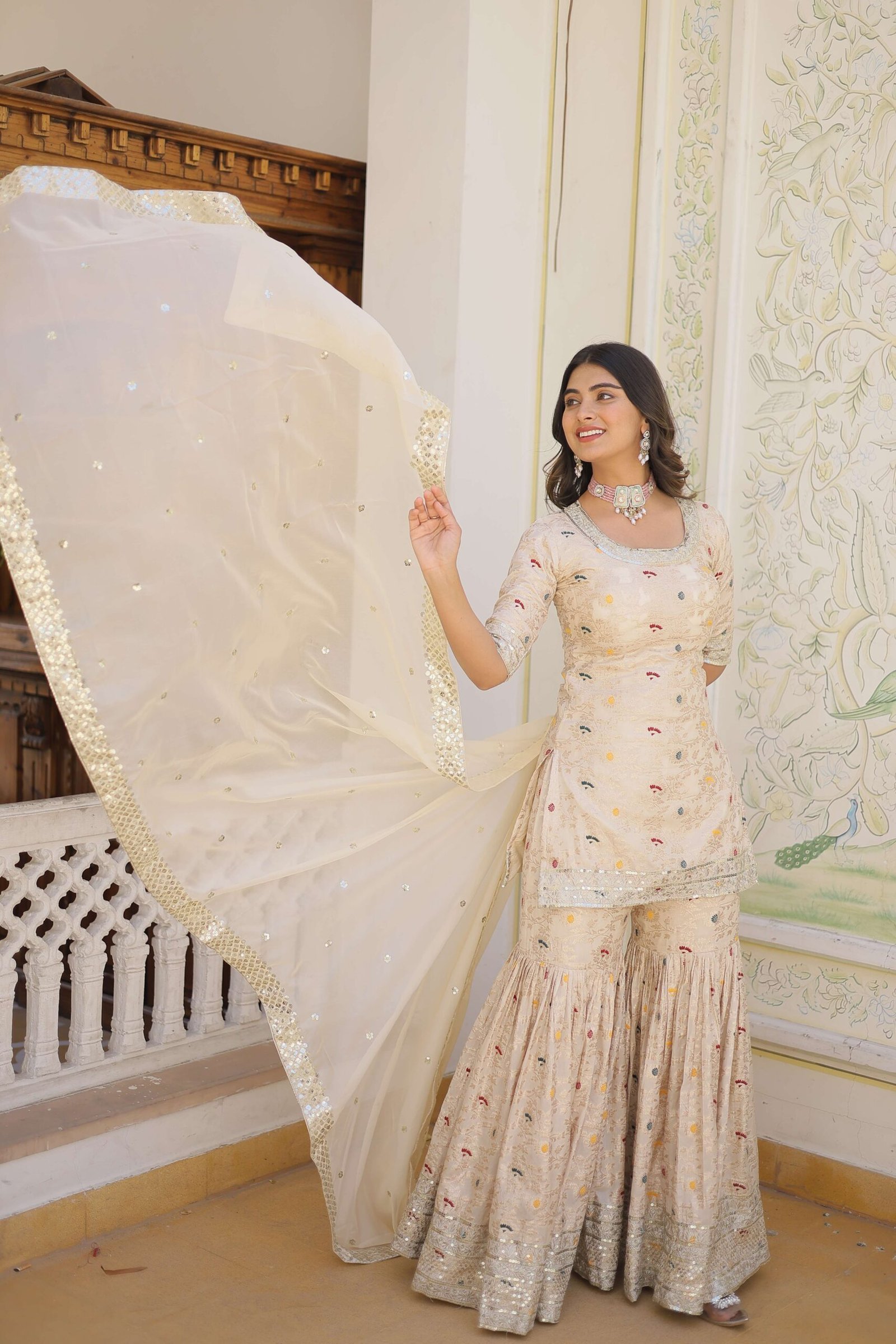 White Faux Blooming Sequins Embroidered Sharara Set with Matching Dupatta ? Festive & Party Wear 2024 - Image 4