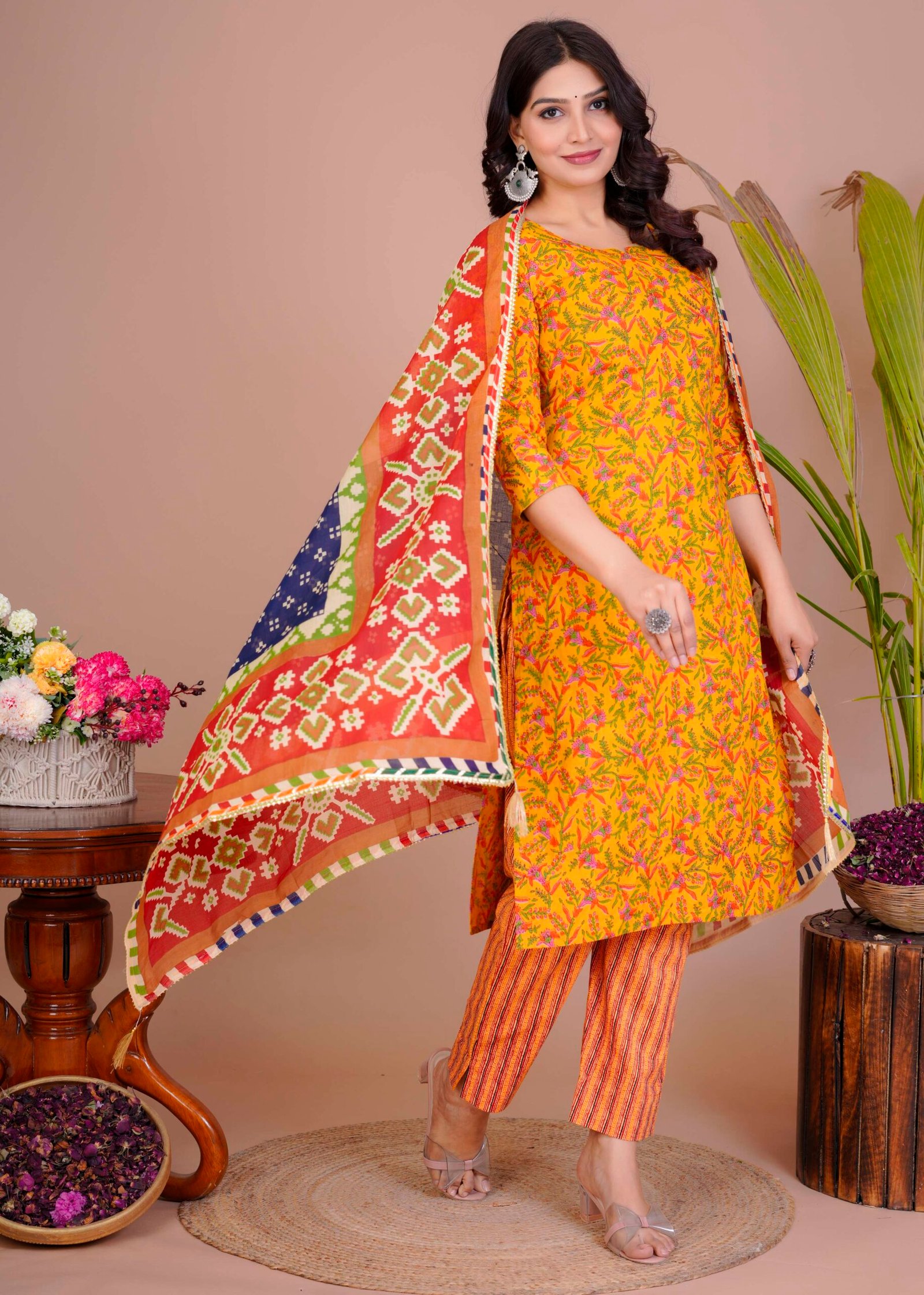 Women's Yellow Cotton Printed Straight Kurti with Pant & Dupatta Set - Image 4