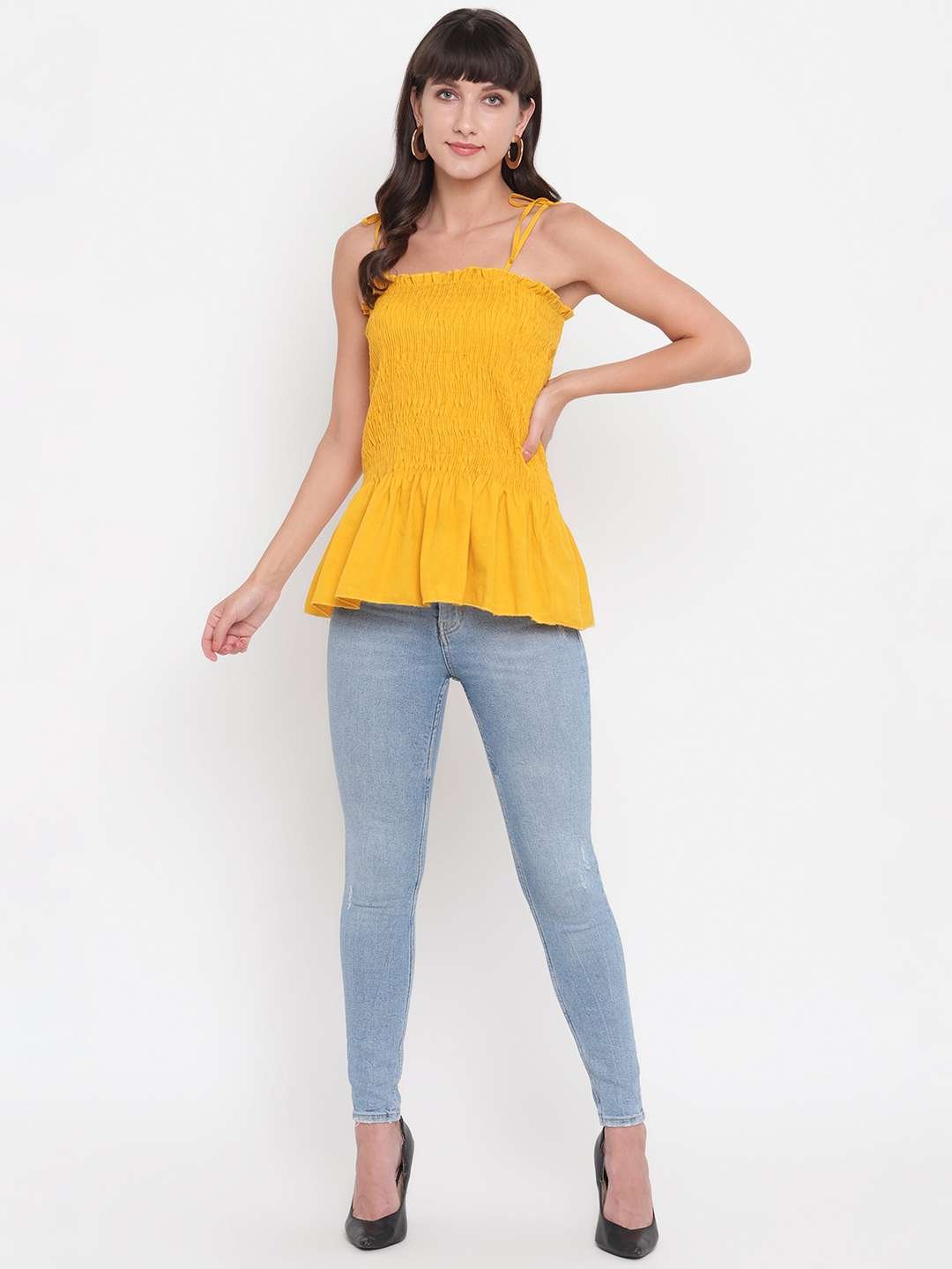 Women's Rayon Solid Casual Summer Style Tie Shoulder Straps Free Size Tank Top (Musterd) - Image 3