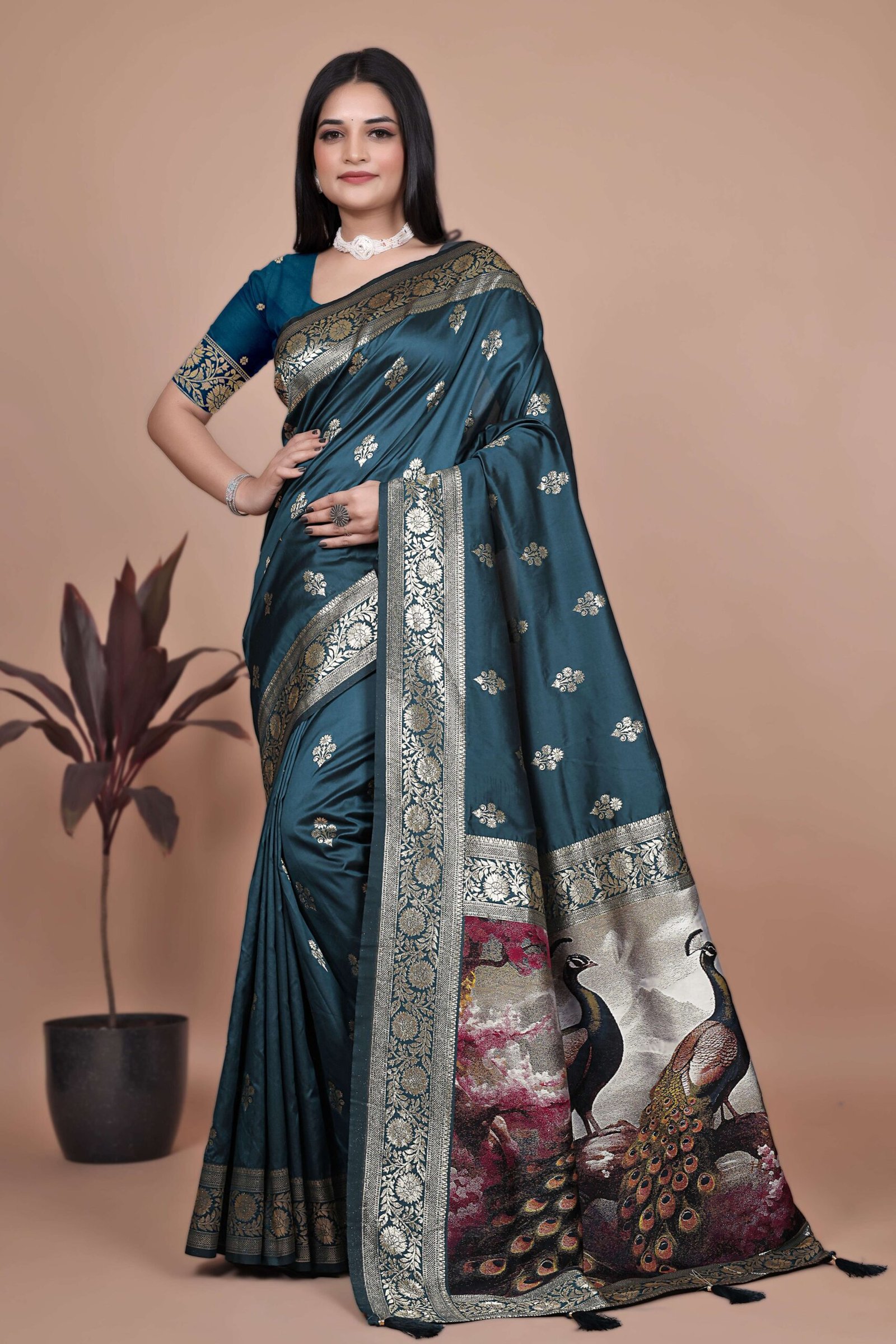 Teal Banarasi Silk Saree with Golden Zari & Peacock Pallu | Wedding, Festive & Traditional Wear - Image 2