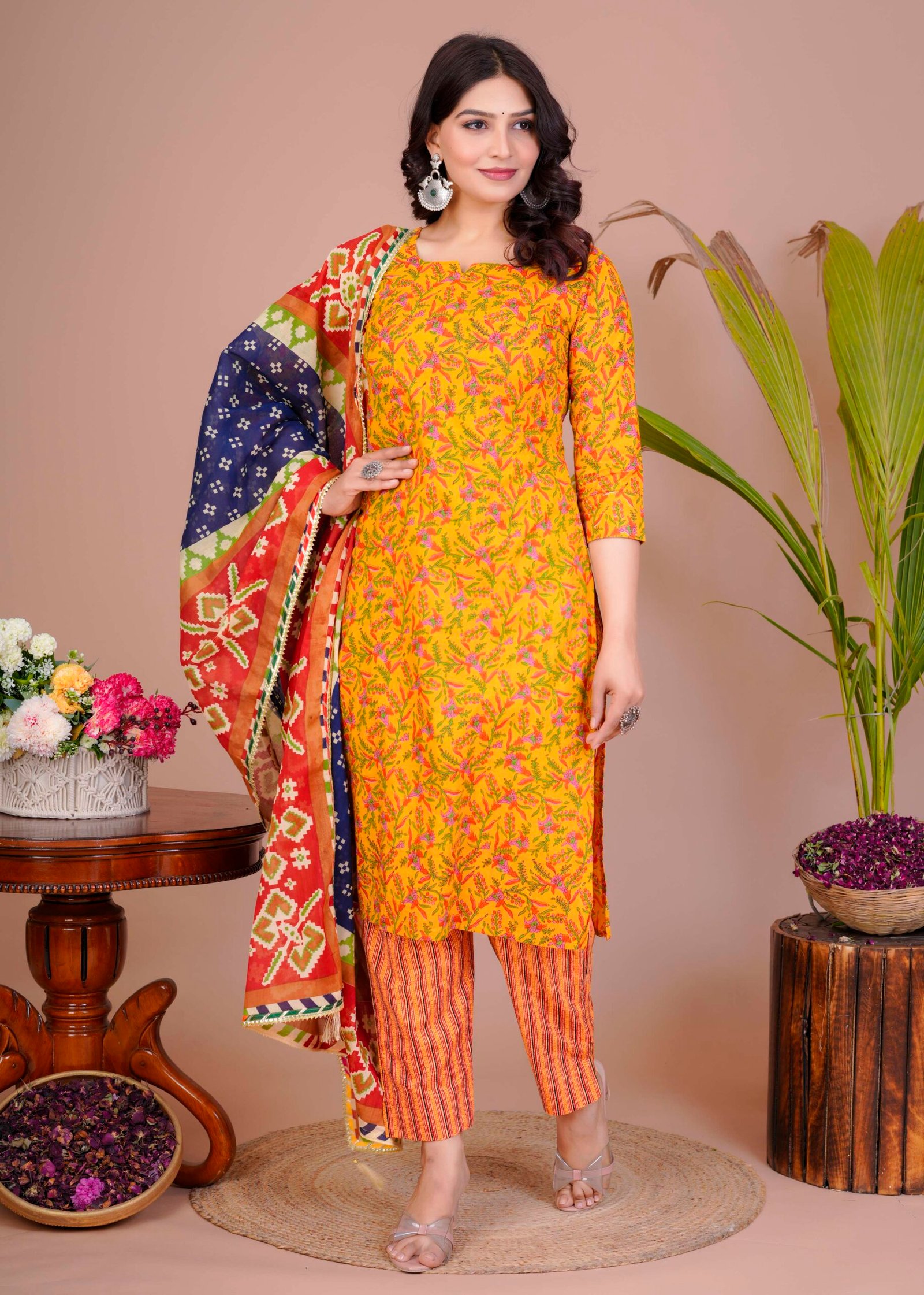 Women's Yellow Cotton Printed Straight Kurti with Pant & Dupatta Set - Image 2