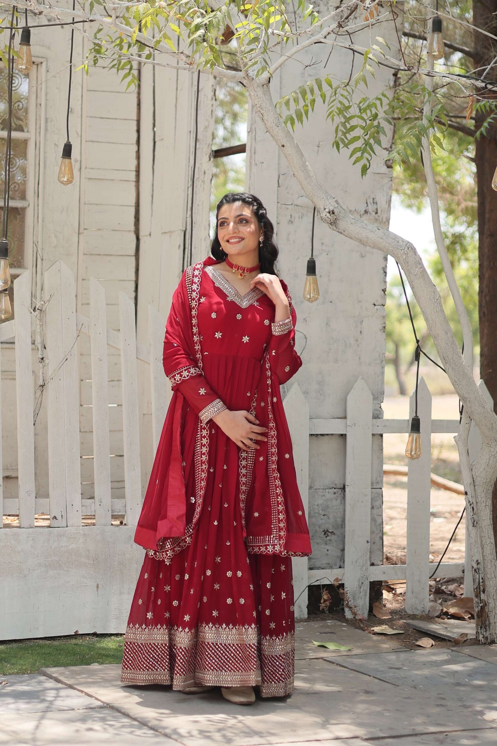 Maroon Designer Faux Blooming Anarkali Gown with Sequins Embroidered Dupatta ? Wedding & Festive Wear