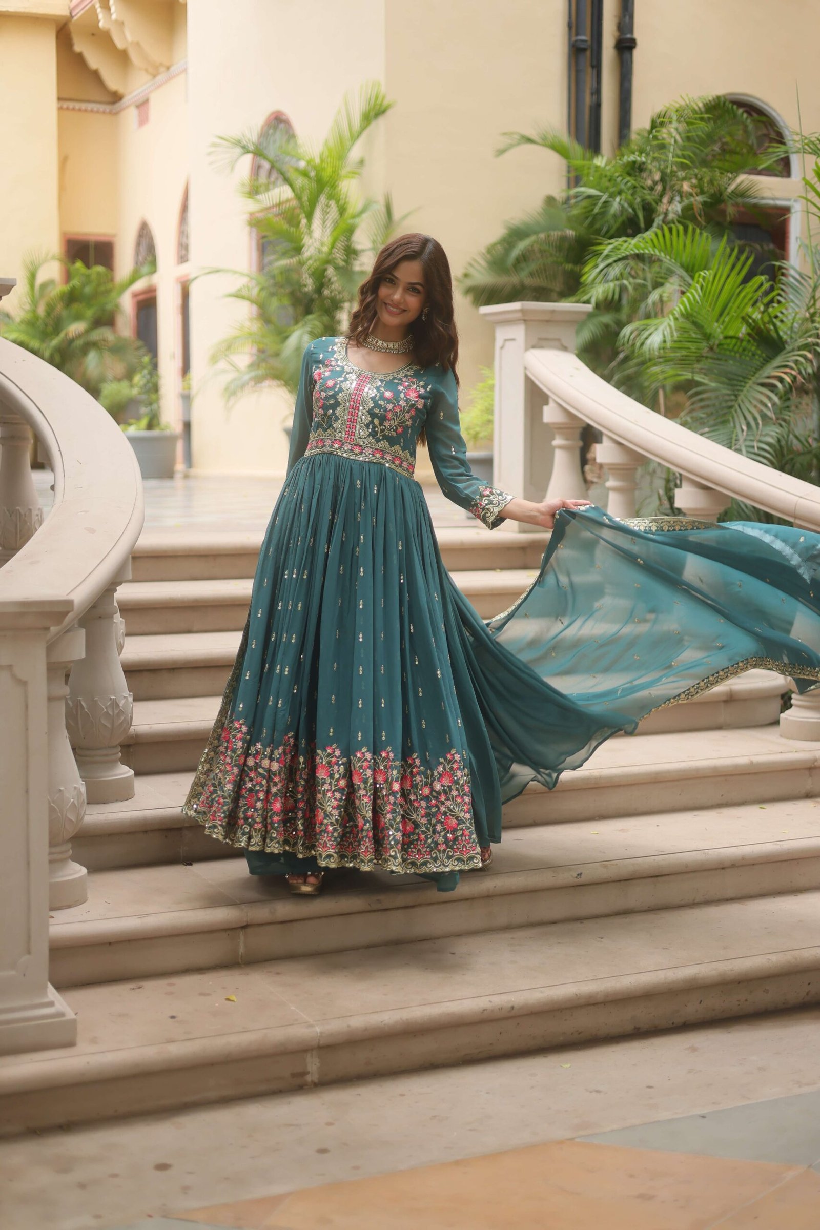 Rama Faux Georgette Sequins Embroidered Kurti with Sharara & Dupatta Set - Image 5
