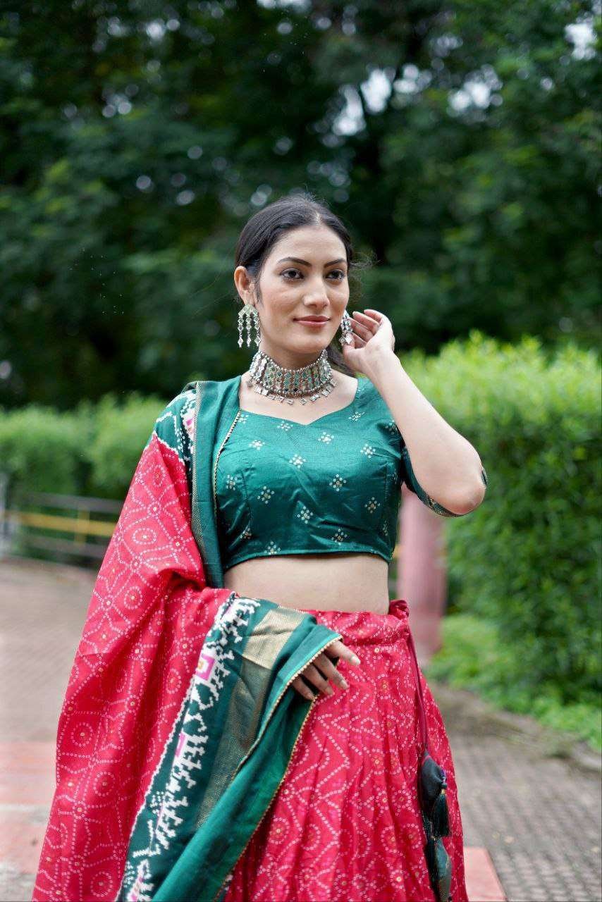 Bottle Green Dola Silk Lehenga Choli with Pink Blouse | Bandhej & Ajarakh Print | Wedding & Festive Wear - Image 4