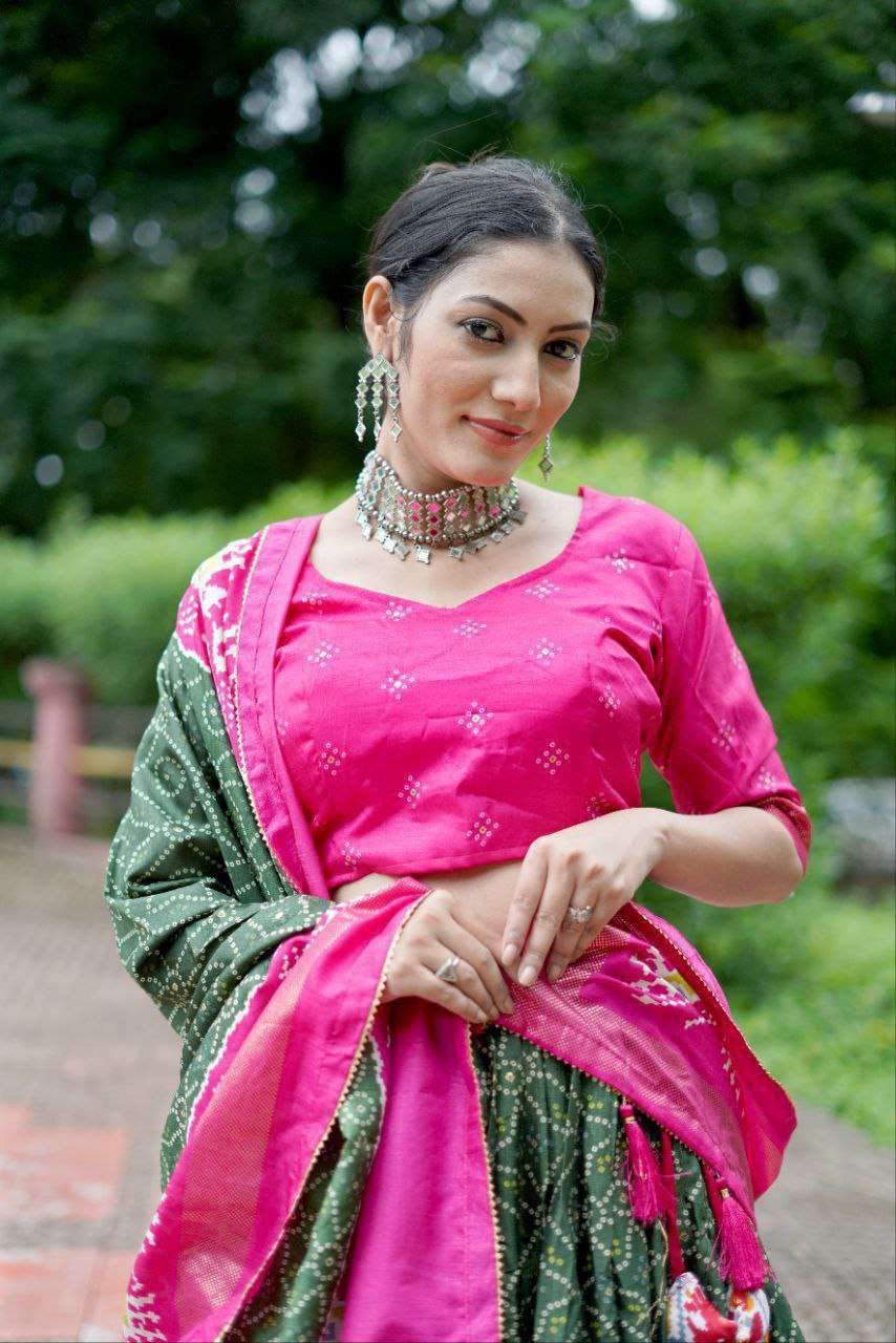 Bottle Green Dola Silk Lehenga Choli with Pink Blouse | Bandhej & Ajarakh Print | Wedding & Festive Wear