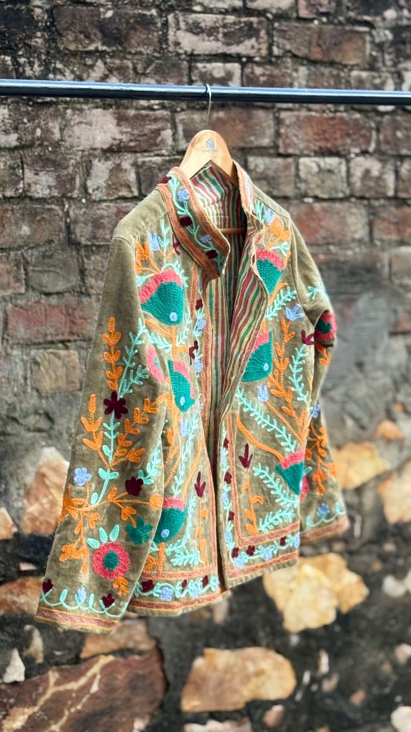 Womens Olive Green Velvet Embroidered Jacket with Floral Design - Image 4