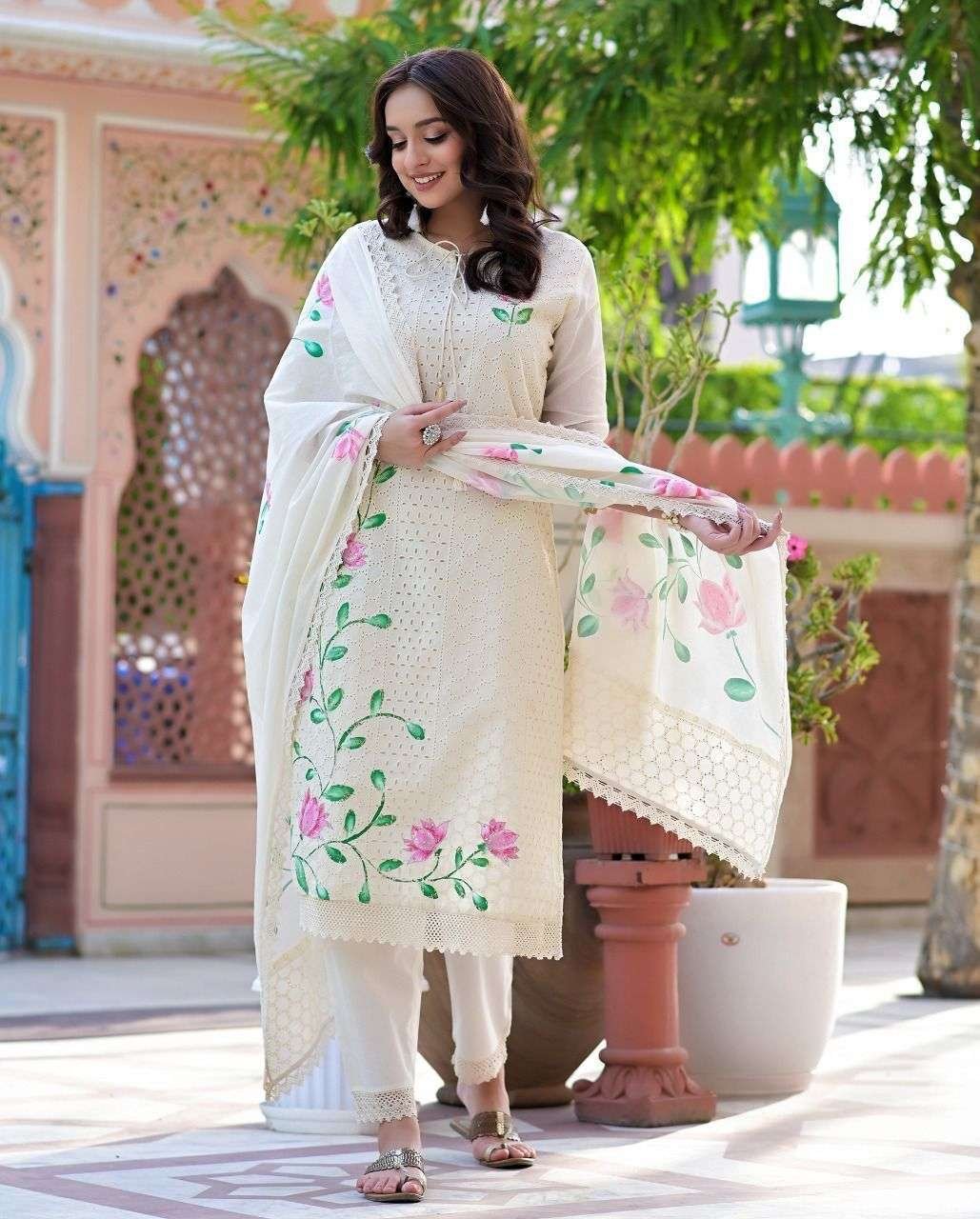 Women's Cotton Hand-Painted Chicken Shifli Straight Kurti With Pant and Mulmul Dupatta Set - Image 5