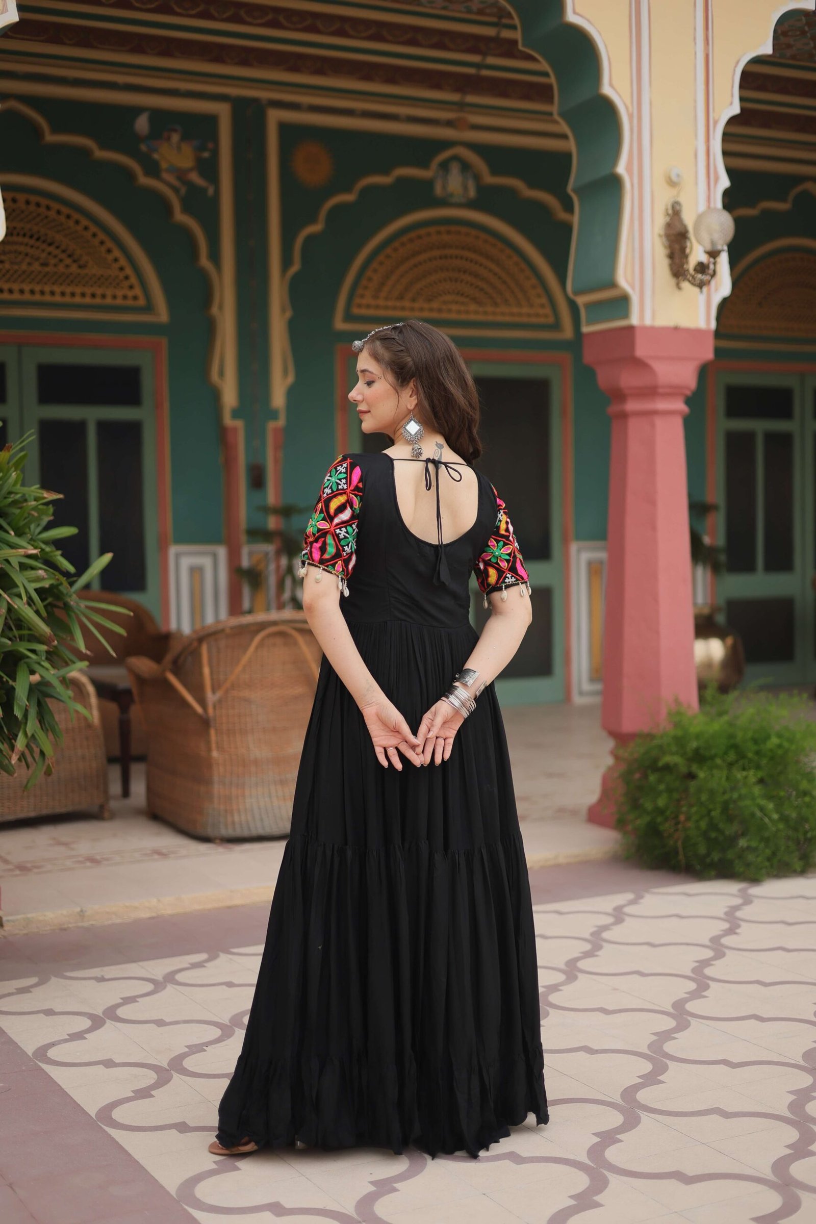 Black Elegant Kutchi Gamthi Work Reyon Gown with Heavy Flair - Image 3