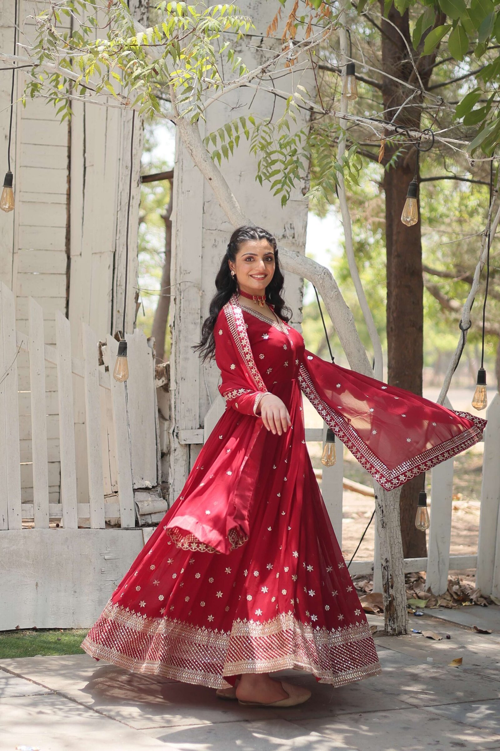 Maroon Designer Faux Blooming Anarkali Gown with Sequins Embroidered Dupatta ? Wedding & Festive Wear - Image 2