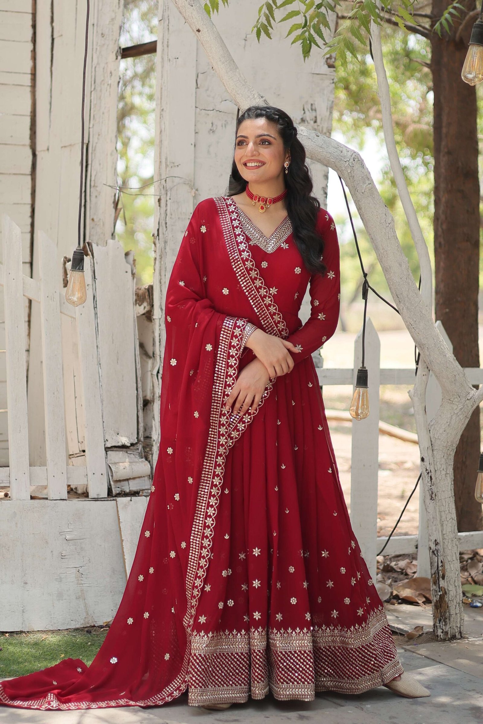 Maroon Designer Faux Blooming Anarkali Gown with Sequins Embroidered Dupatta ? Wedding & Festive Wear - Image 8