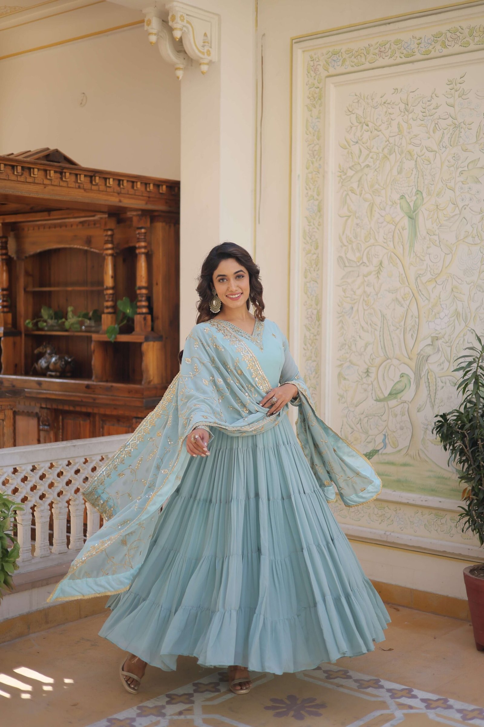 SKY Faux Georgette Designer Gown with Sequined Dupatta ? Elegant Fully Flared Party & Wedding Set - Image 6
