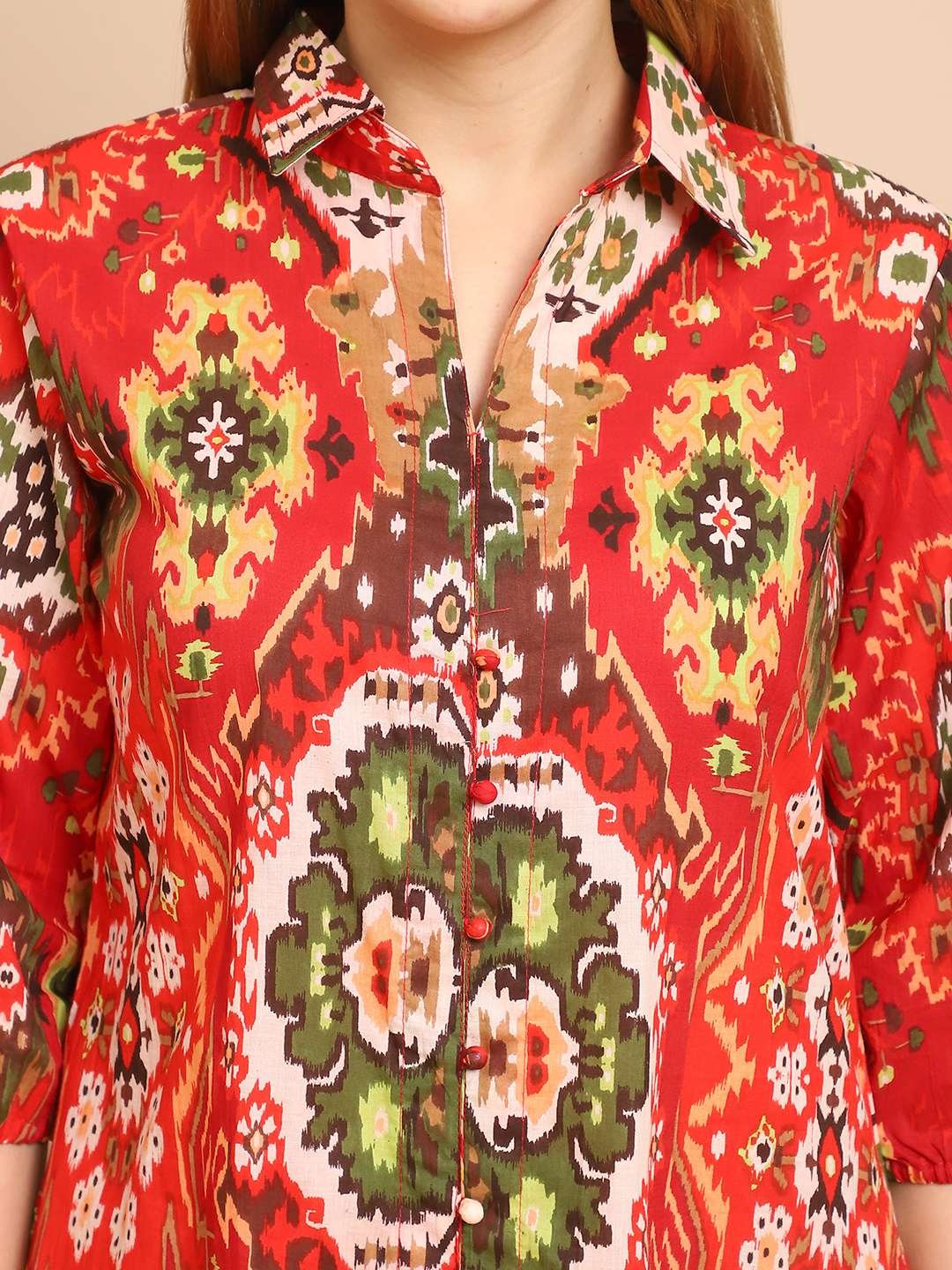 Women's Pure Cotton Printed Collared Top and Pant Co-ord Set (Multti Color4) - Image 6