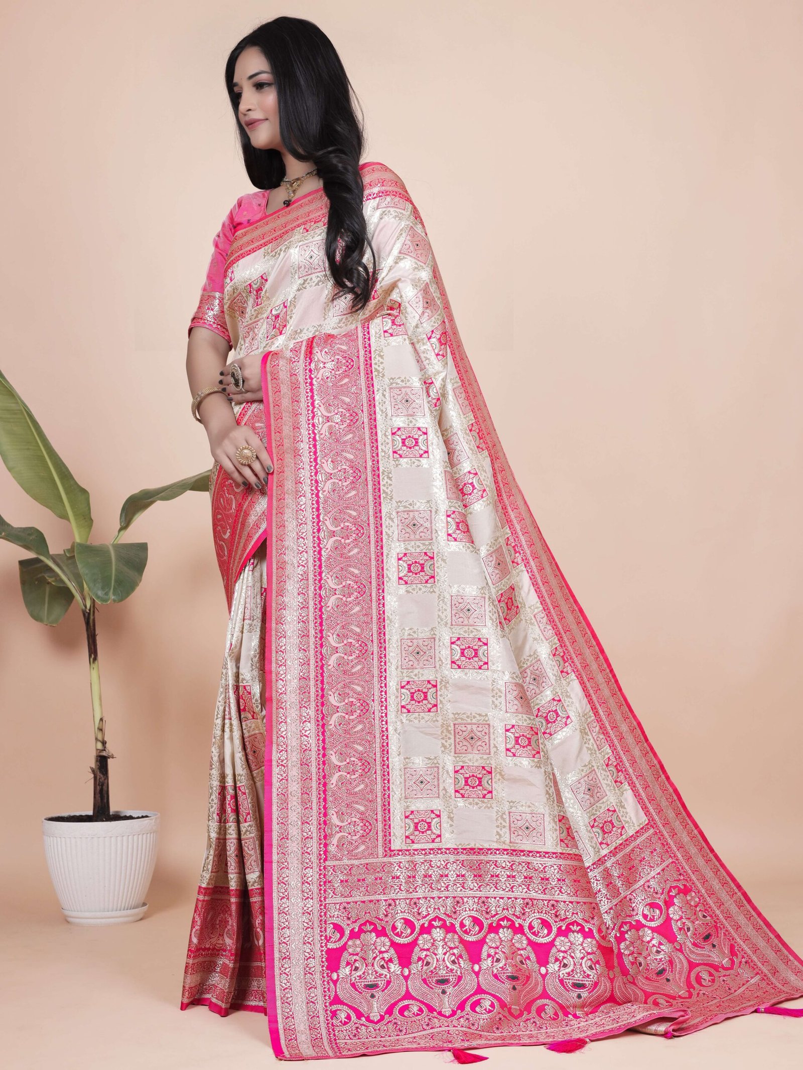 Cream & Pink Banarasi Silk Saree with Silver Zari | Wedding, Party & Traditional Wear | Elegant Banarasi Saree with Contrast Pallu