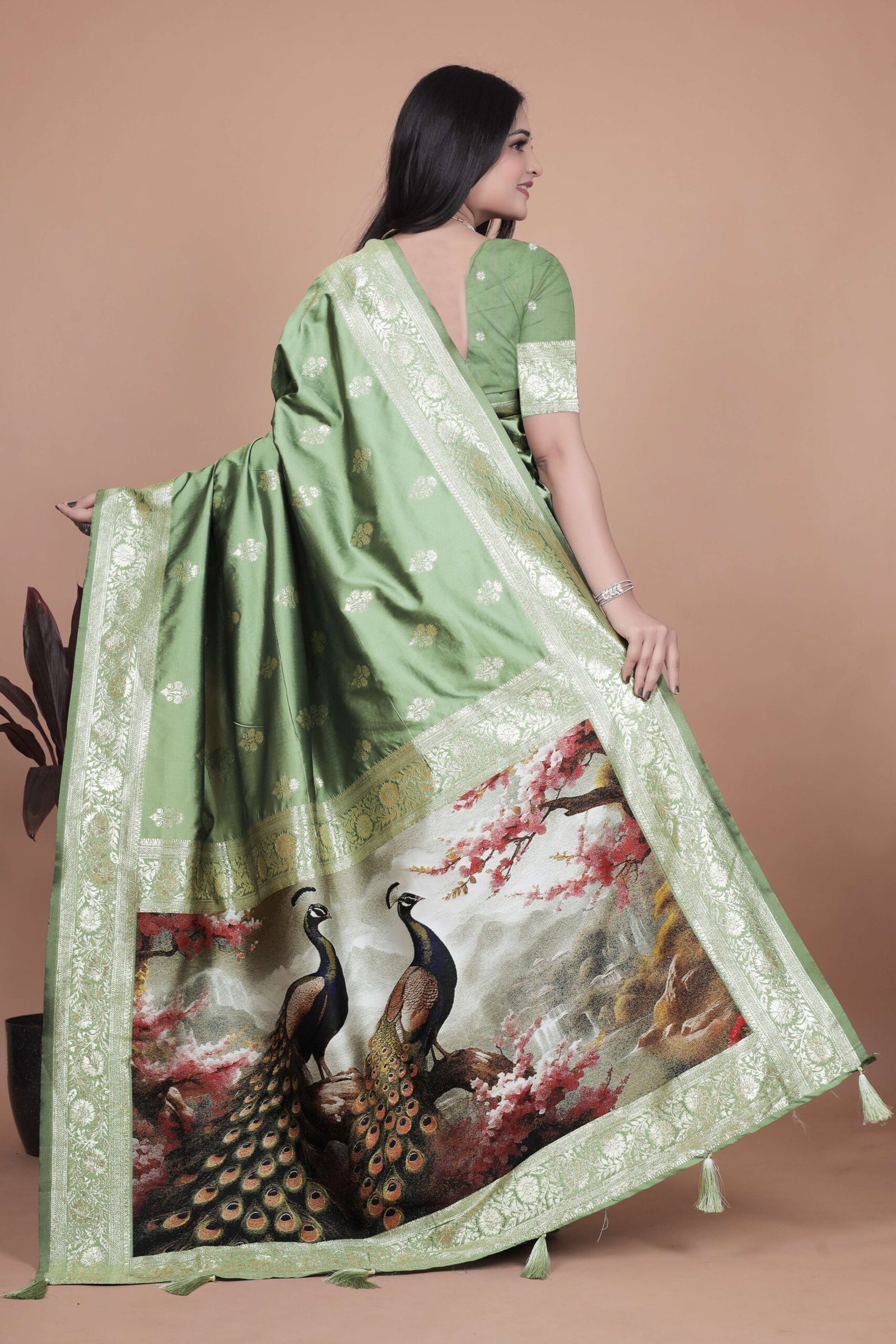 Elegant Sage Green Banarasi Silk Saree with Golden Zari Motifs & Peacock Pallu | Wedding, Festive & Traditional Wear - Image 4