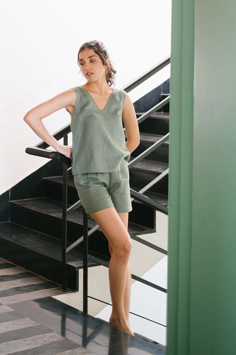 Women's Cotton Solid V Neck Sleevleess 2 Piece Outfit Loose Tank Top and Shot Scult Sets cord set ( Pista Green ) - Image 2