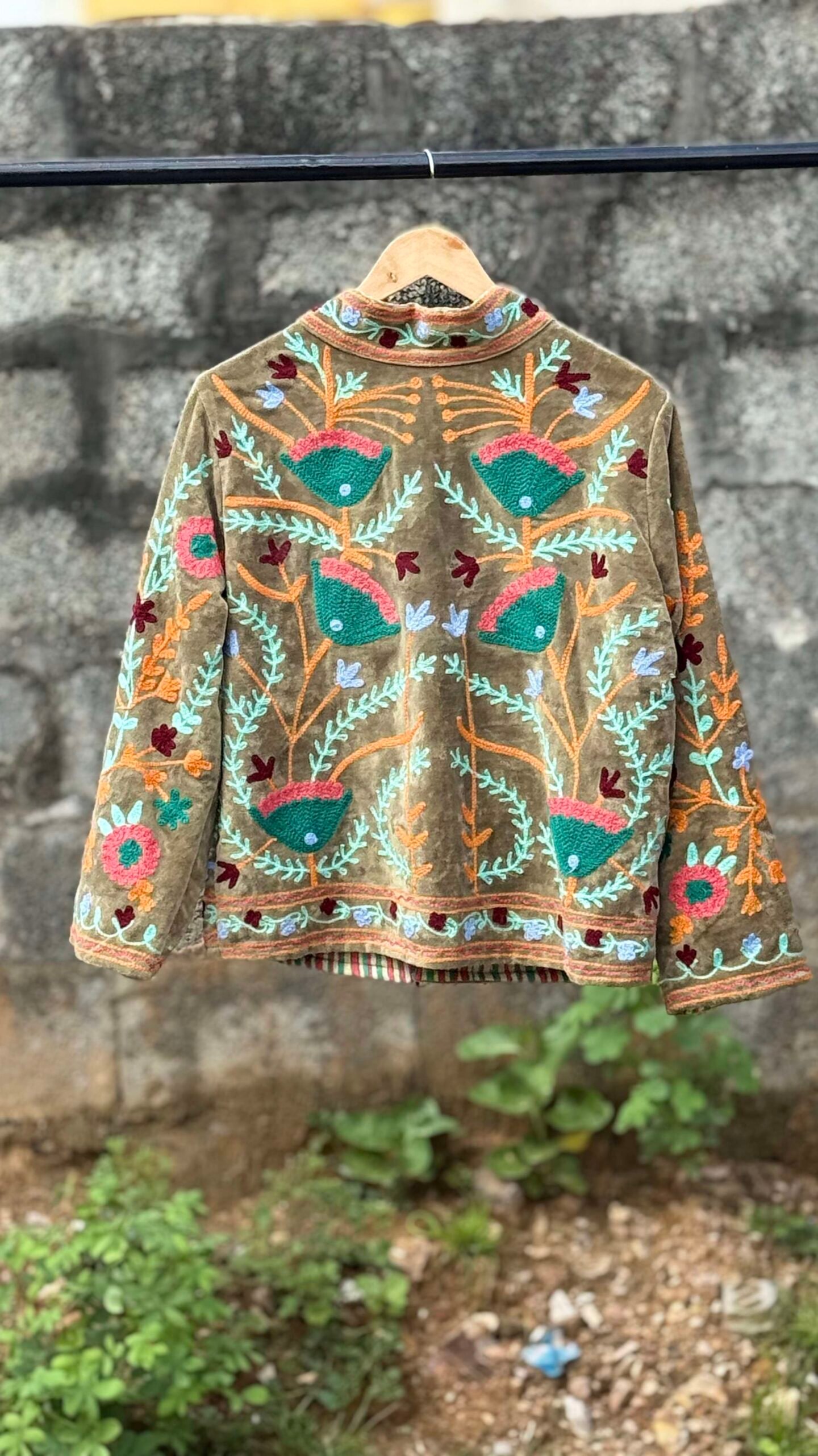 Womens Olive Green Velvet Embroidered Jacket with Floral Design - Image 3