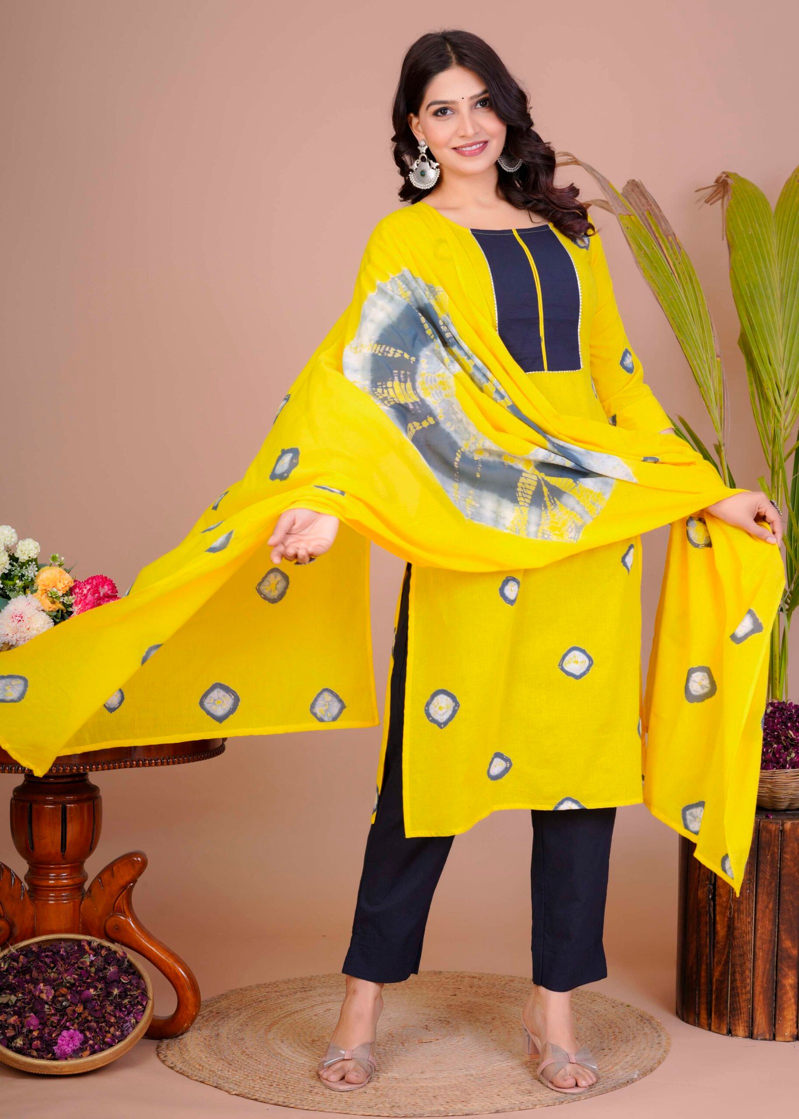 Women's Yellow & Navy Cotton Tie-Dye Straight Kurti with Pant & Dupatta Set - Image 2