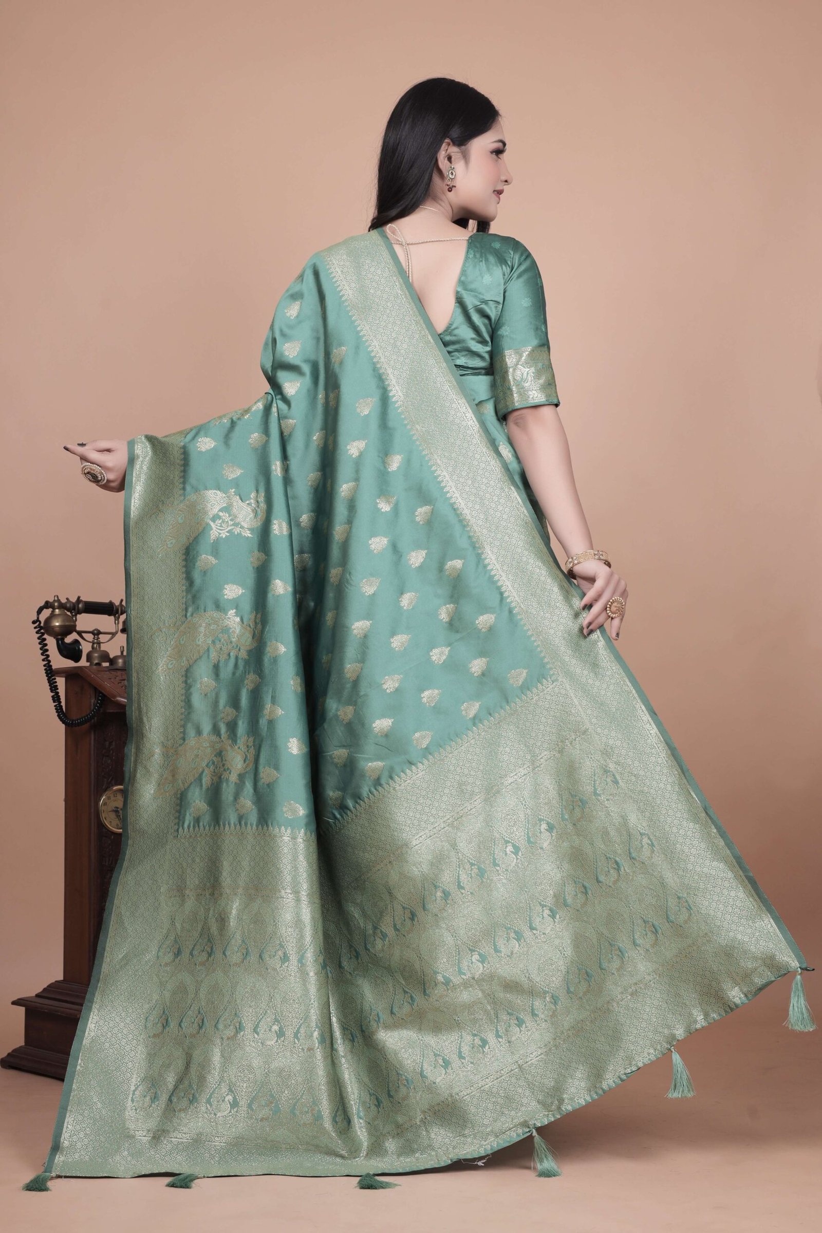 Mint Green Banarasi Silk Saree with Golden Zari & Peacock Design | Wedding, Festive & Traditional Wear | Designer Saree - Image 6