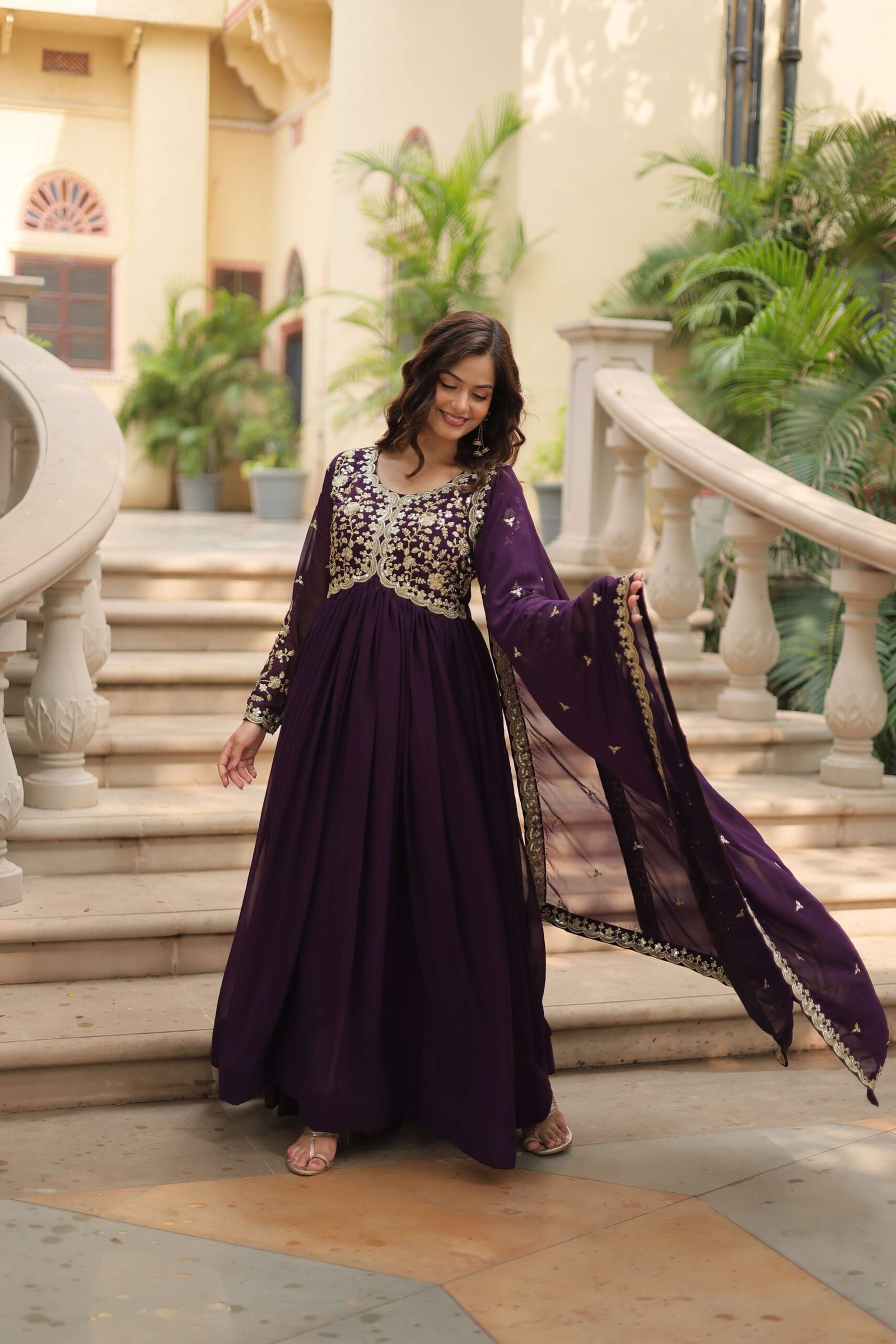 Wine Faux Blooming Sequins & Zari Embroidered Gown with Matching Dupatta - Image 6