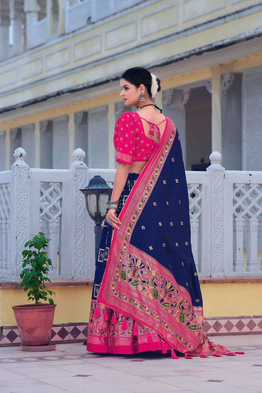 Blue Tussar Silk Lehenga Choli with Pink Blouse | Bandhani Peacock & Foil Print | Wedding & Festive Wear - Image 4