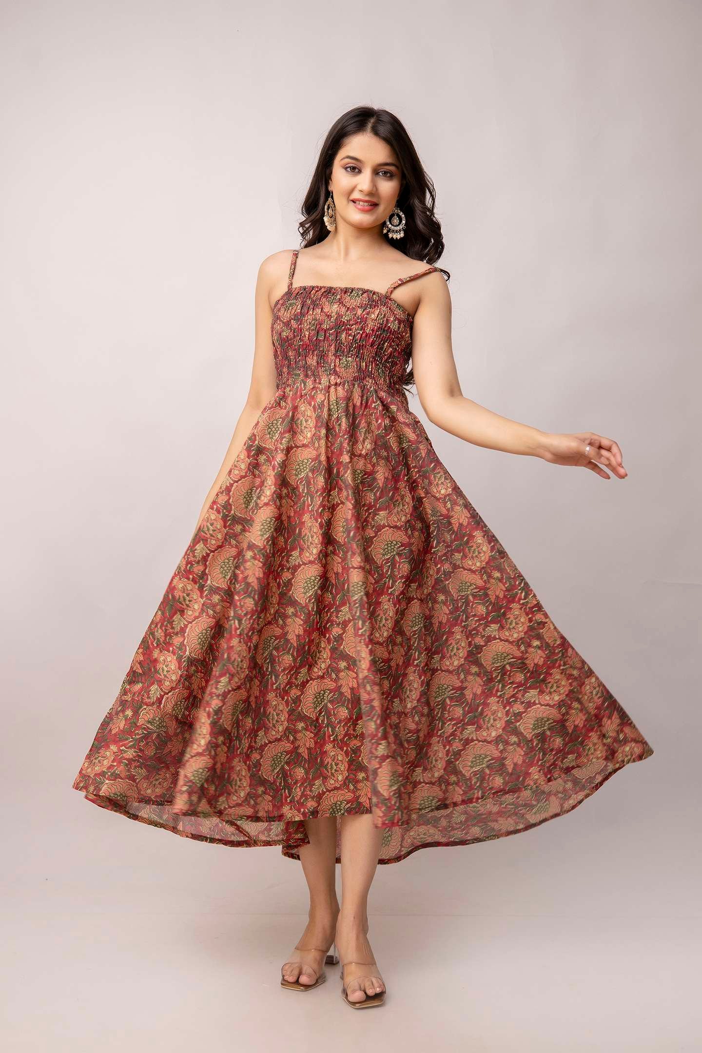 Women's Silk Printed Shoulder Straps Sleeveless Anarkali Gown Drees
