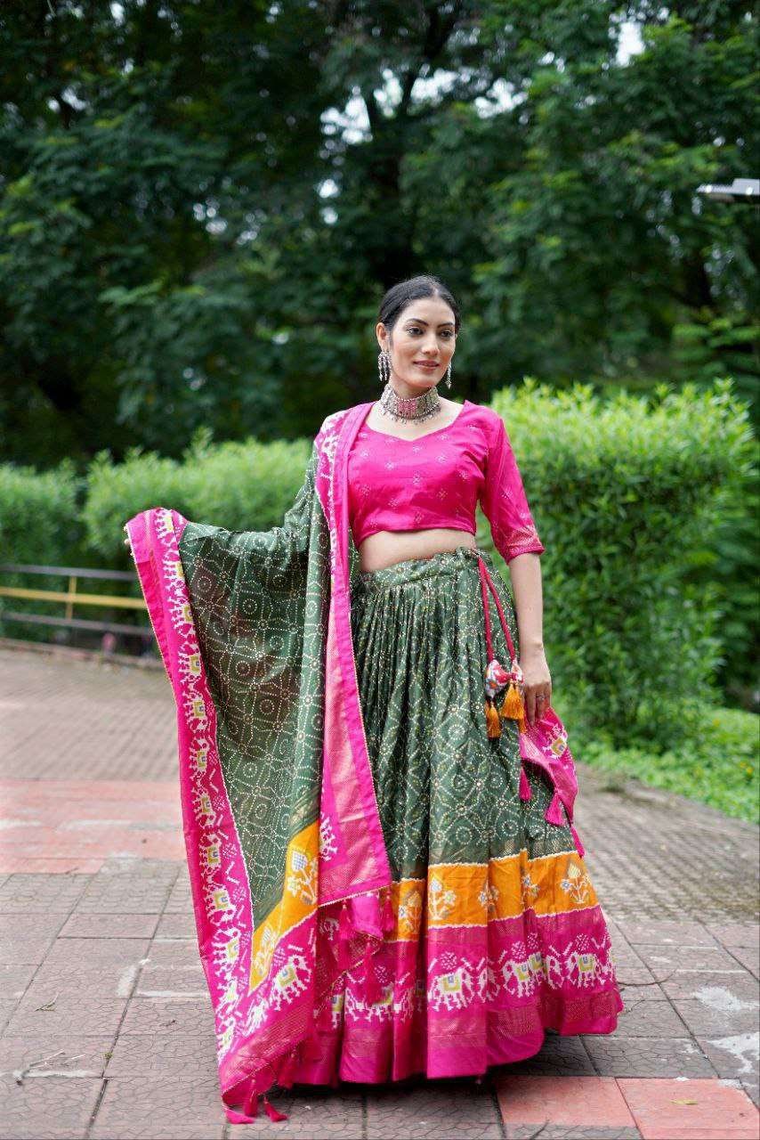 Bottle Green Dola Silk Lehenga Choli with Pink Blouse | Bandhej & Ajarakh Print | Wedding & Festive Wear - Image 2