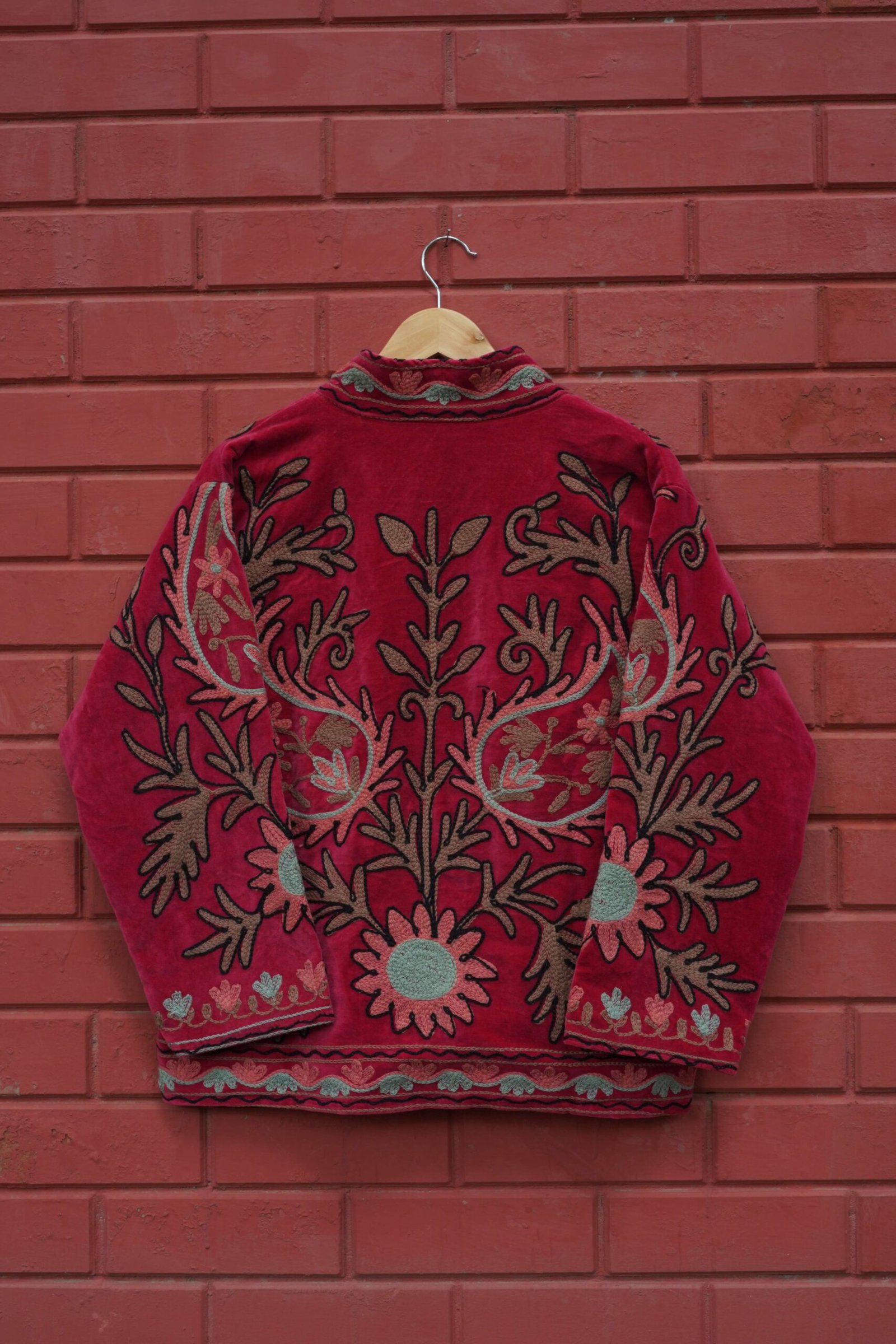 Womens Red Velvet Embroidered Jacket with Floral Design - Image 4