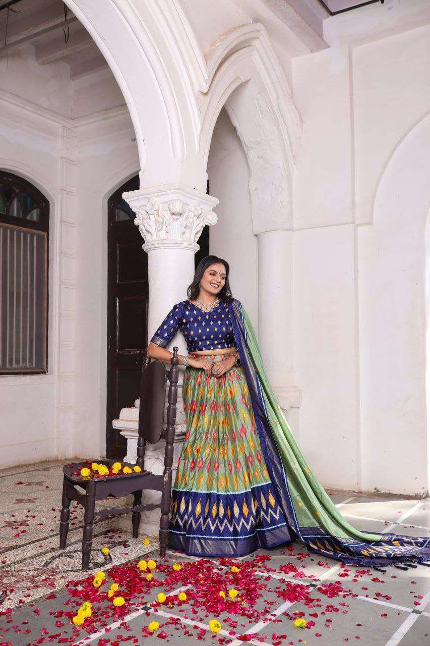 Olive Green Dola Silk Lehenga Choli with Blue Blouse | Patola Print & Foil Work | Wedding & Festive Wear - Image 4