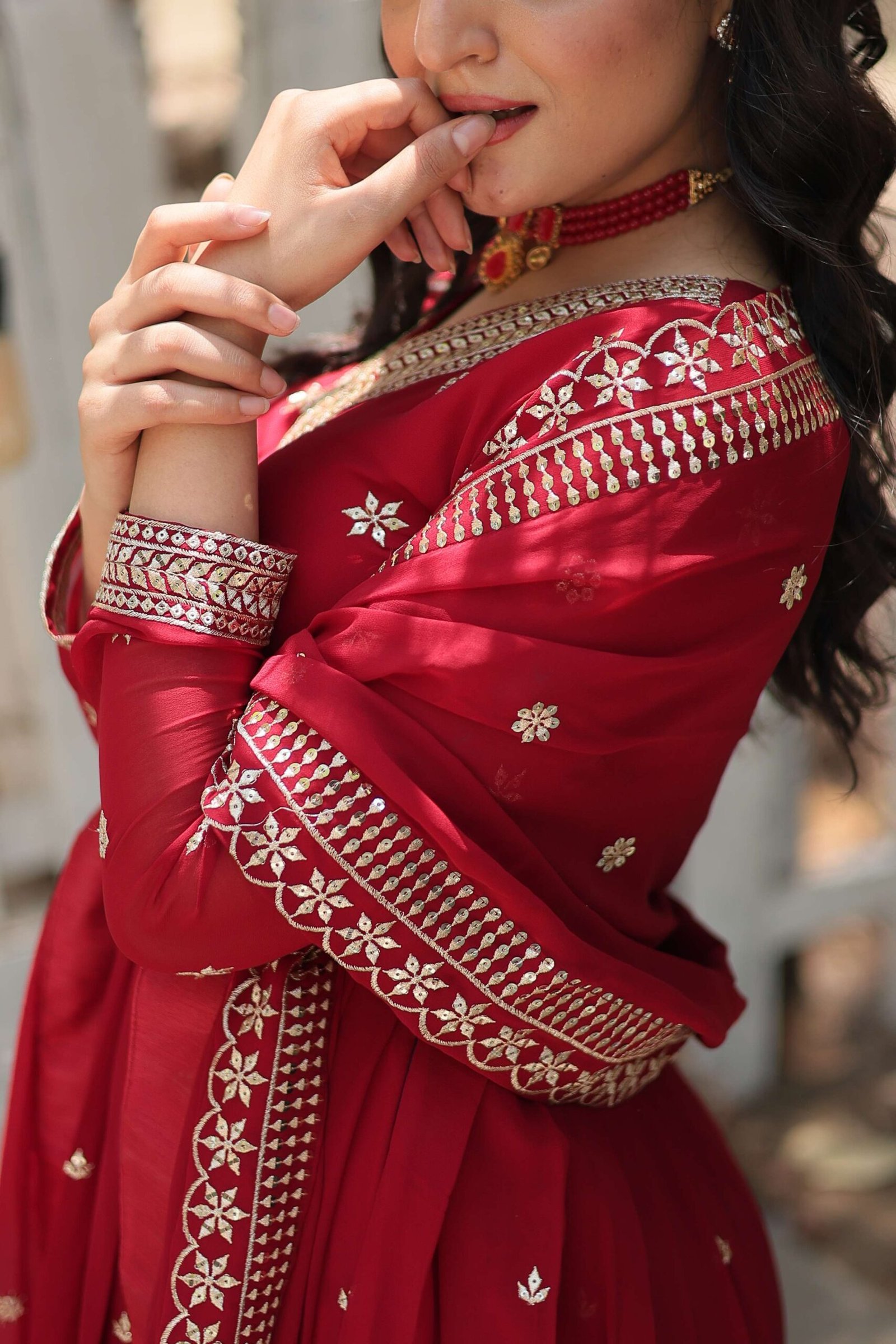 Maroon Designer Faux Blooming Anarkali Gown with Sequins Embroidered Dupatta ? Wedding & Festive Wear - Image 5