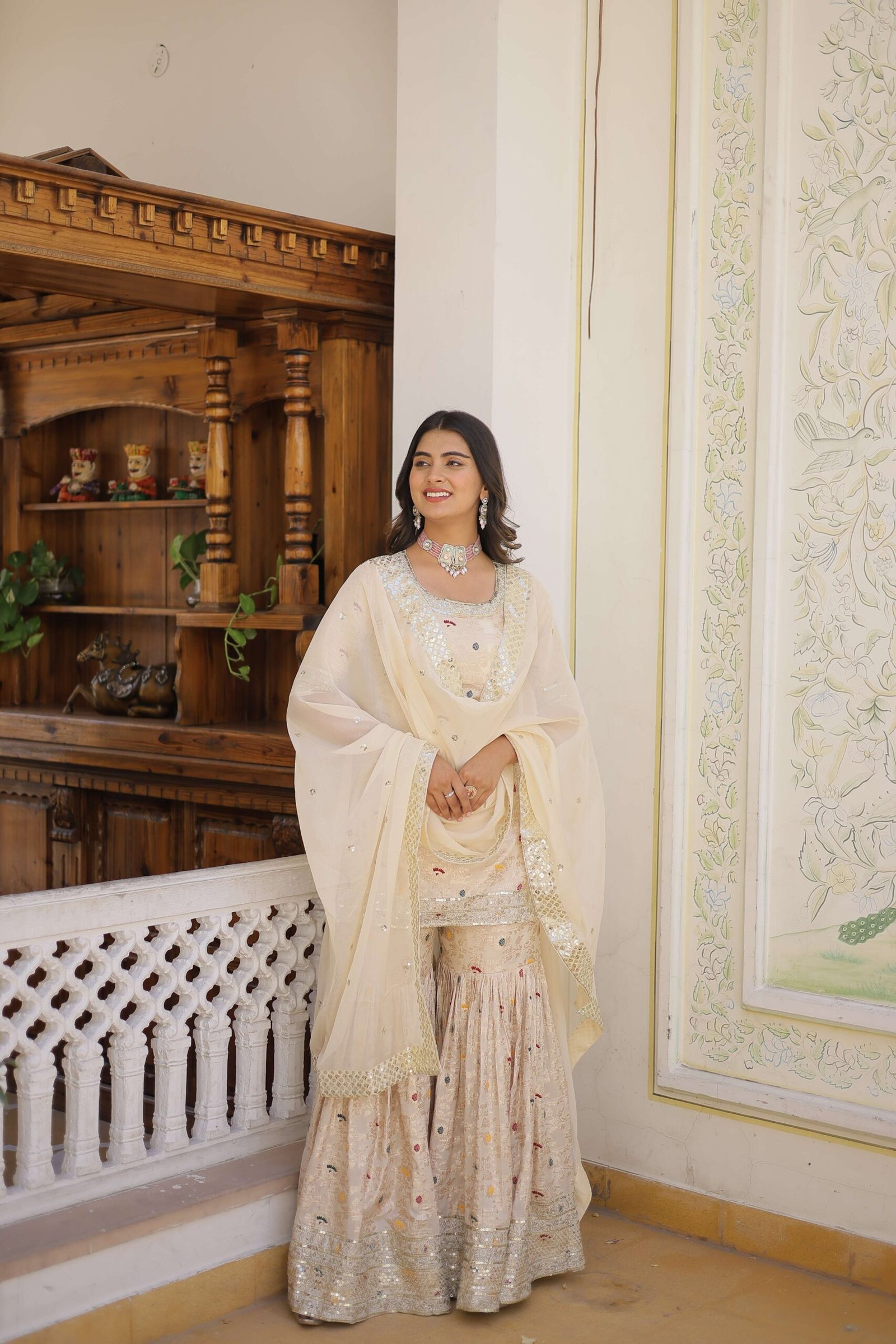 White Faux Blooming Sequins Embroidered Sharara Set with Matching Dupatta ? Festive & Party Wear 2024 - Image 3