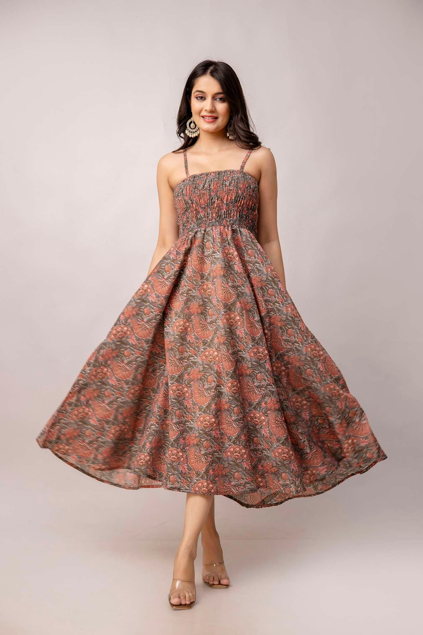 Women's Silk Printed Shoulder Straps Sleeveless Anarkali Gown Drees (Light Maroon-SUI) - Image 6