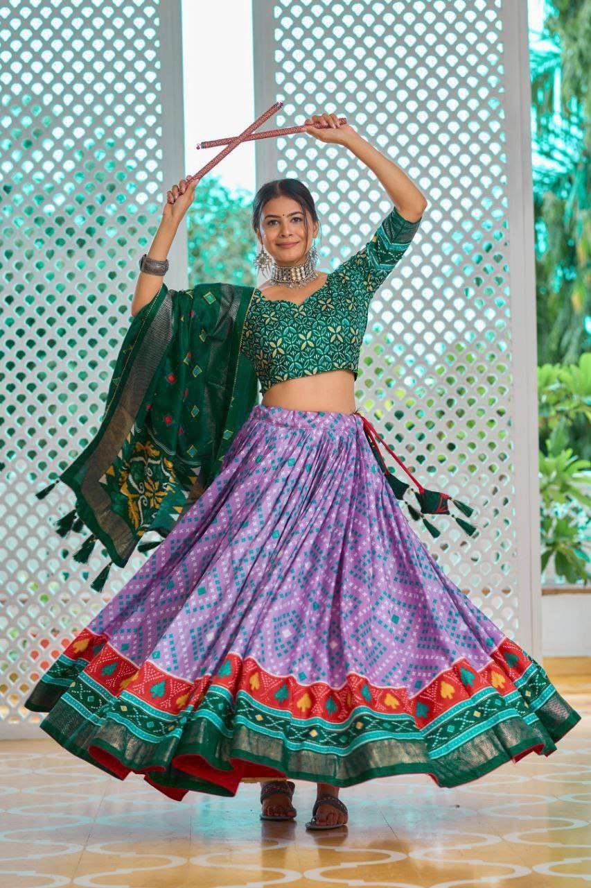 Light Baby Pink Tussar Silk Lehenga Choli with Green Blouse | Minakari & Foil Print | Wedding & Festive Wear