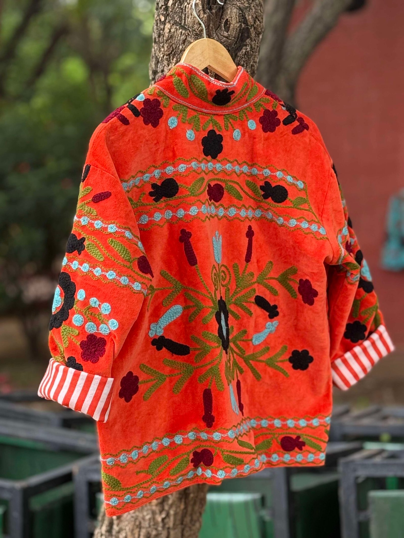 Womens Orange Velvet Embroidered Jacket with Floral Design - Image 2